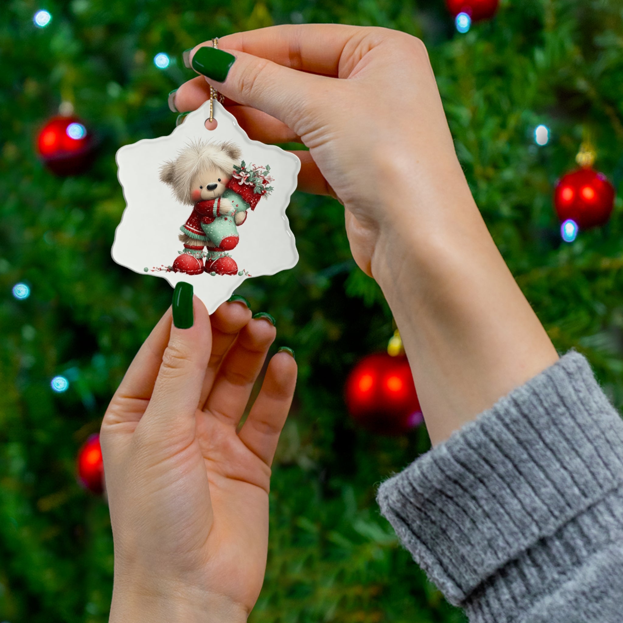 Cute Teddy Bear Christmas Ceramic Ornament — Holiday Tree Decoration