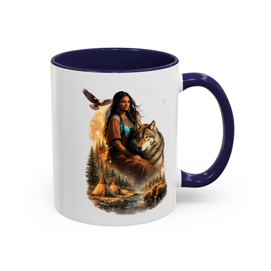 Native Spirit Accent Coffee Mug — Woman, Wolf & Teepee Scenic Artwork (11/15oz)
