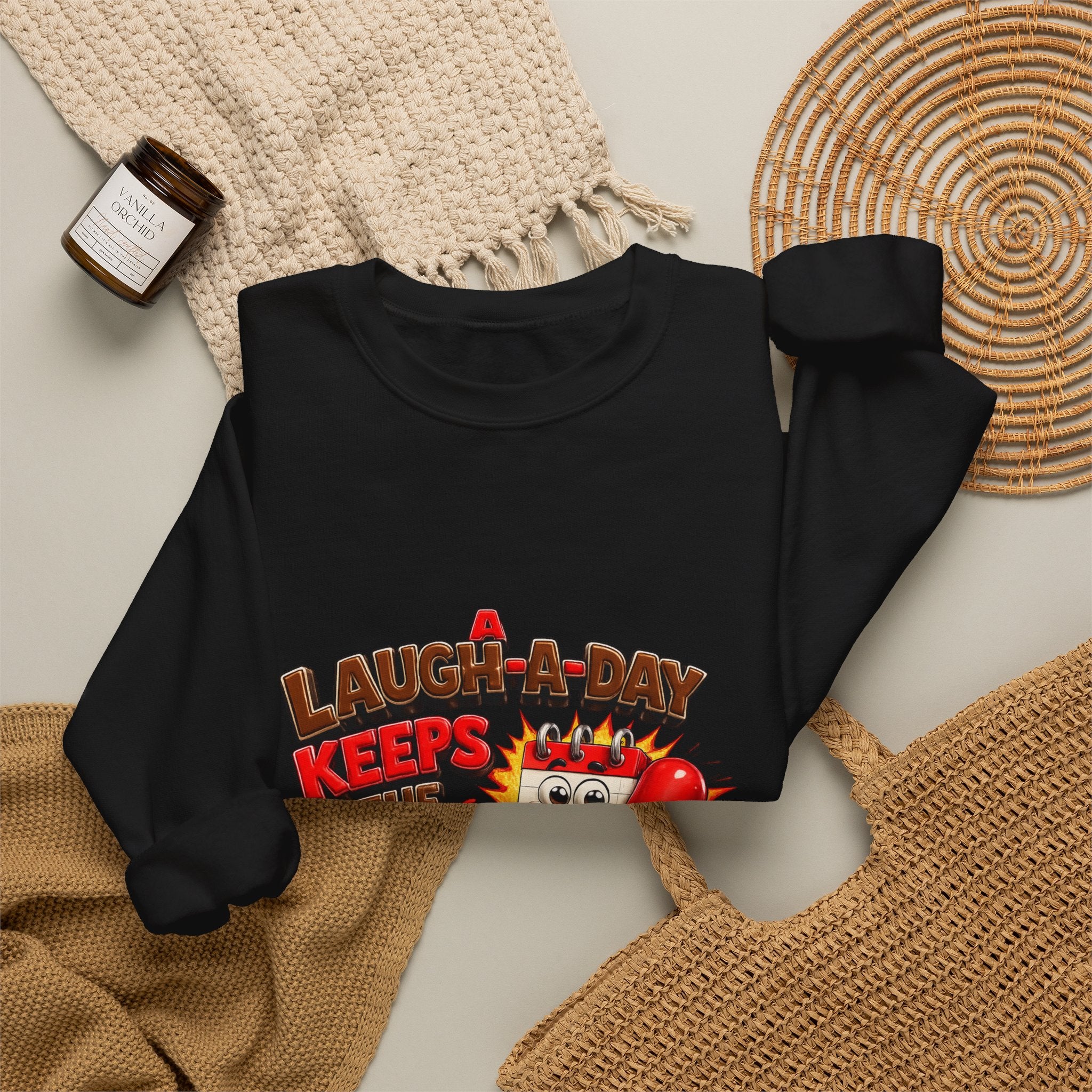 Crewneck Sweatshirt — "A Laugh a Day Keeps the Sad Away" Retro Cartoon Graphic