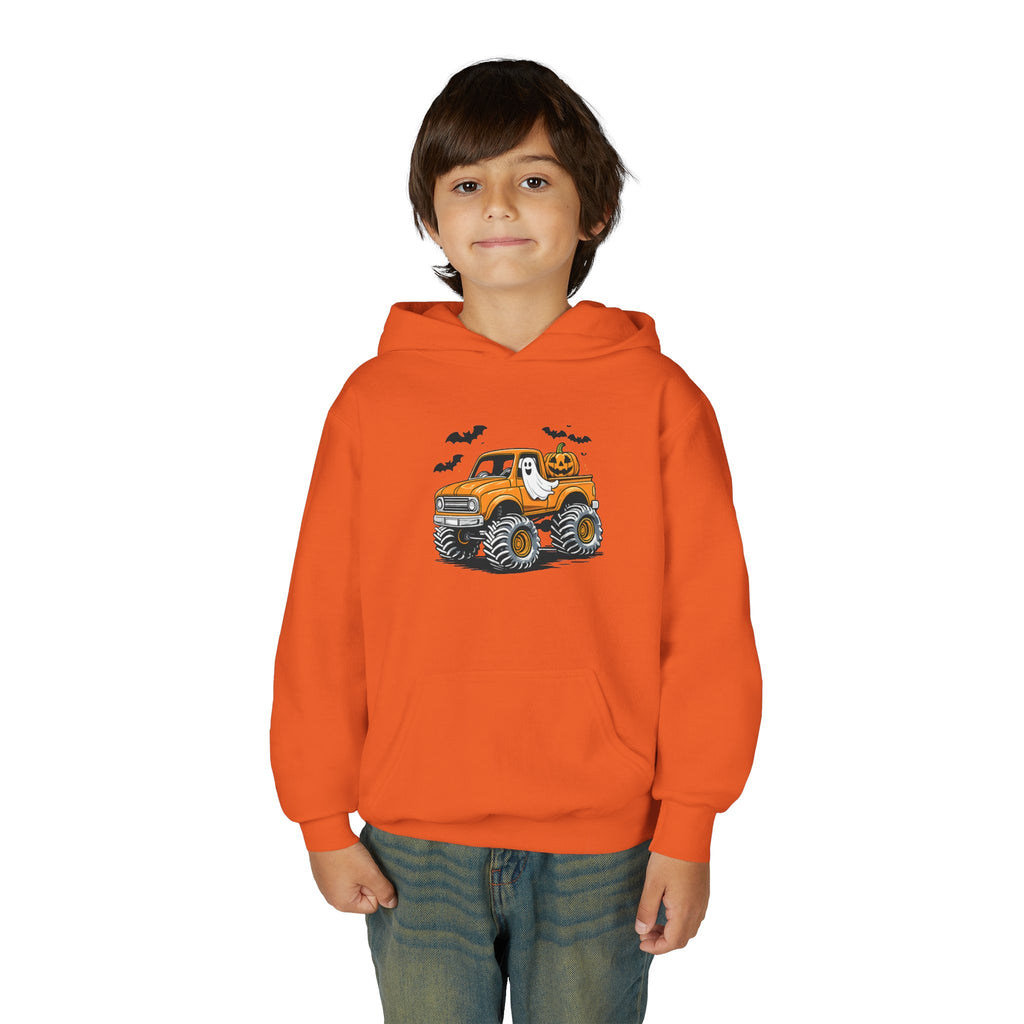 Youth Hoodie – Halloween Monster Truck Kids Pullover (Orange Truck with Bats)