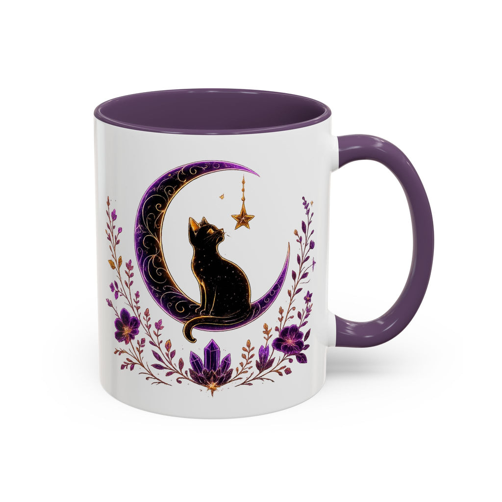 Mystic Black Cat Crescent Moon Accent Mug — Purple Floral Coffee Cup (11/15oz)