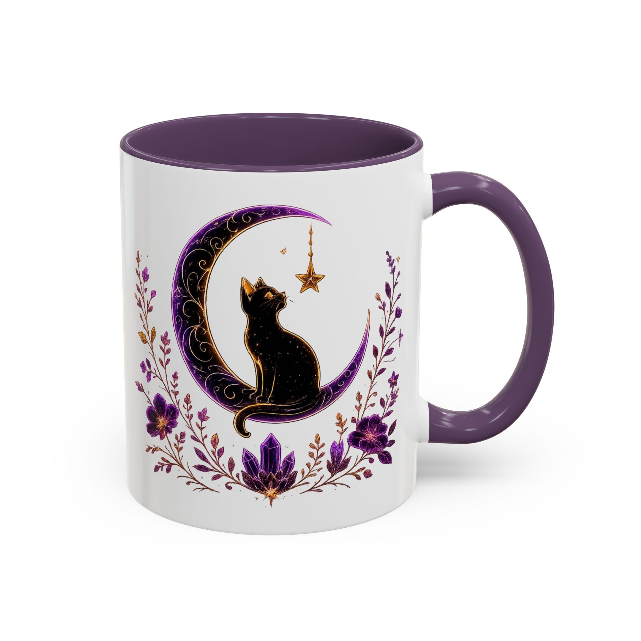 Mystic Black Cat Crescent Moon Accent Mug — Purple Floral Coffee Cup (11/15oz)