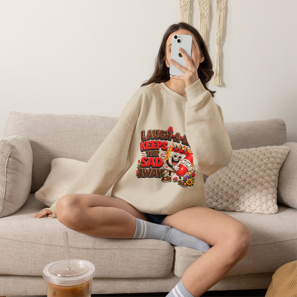 Crewneck Sweatshirt — "A Laugh a Day Keeps the Sad Away" Retro Cartoon Graphic
