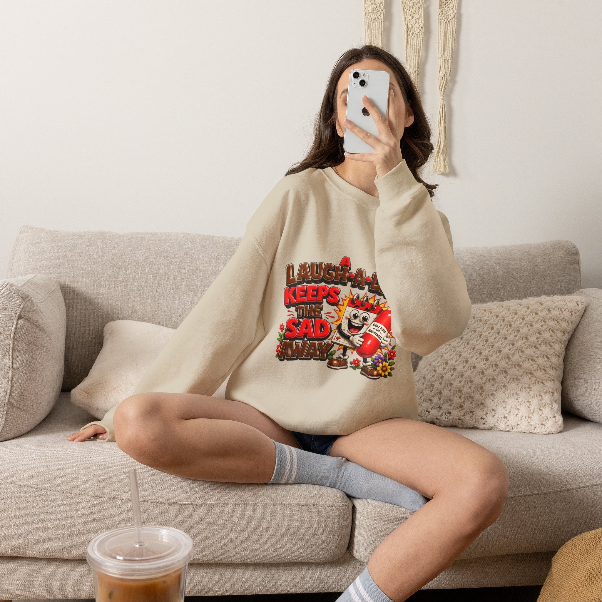 Crewneck Sweatshirt — "A Laugh a Day Keeps the Sad Away" Retro Cartoon Graphic