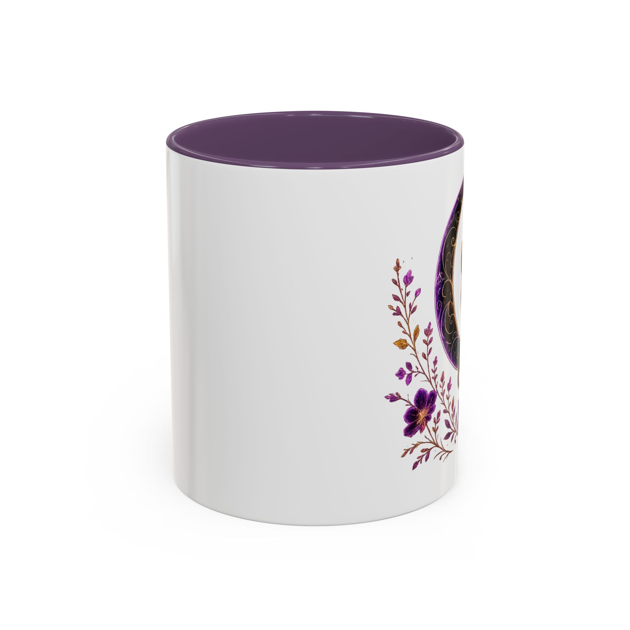Mystic Black Cat Crescent Moon Accent Mug — Purple Floral Coffee Cup (11/15oz)