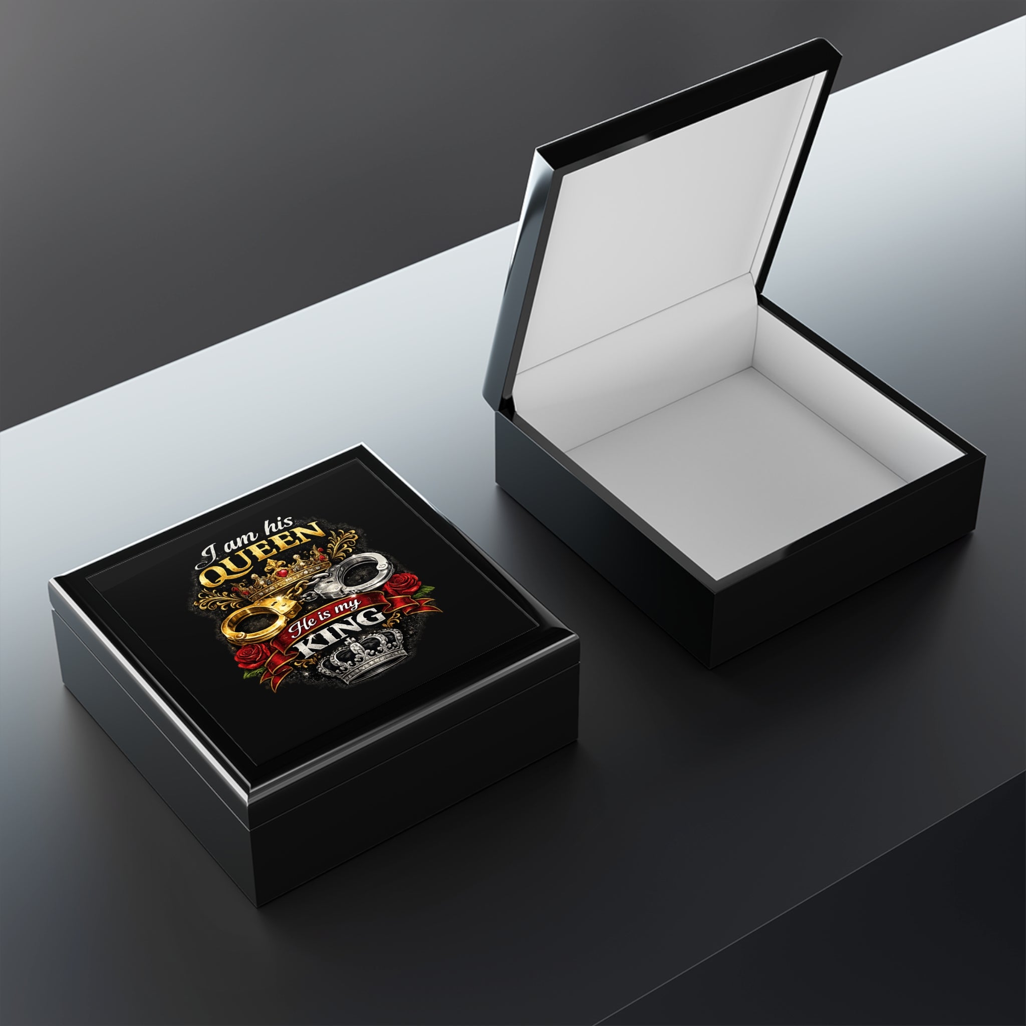 Jewelry Box - "I Am His Queen, He Is My King" Crown & Handcuffs Keepsake Box
