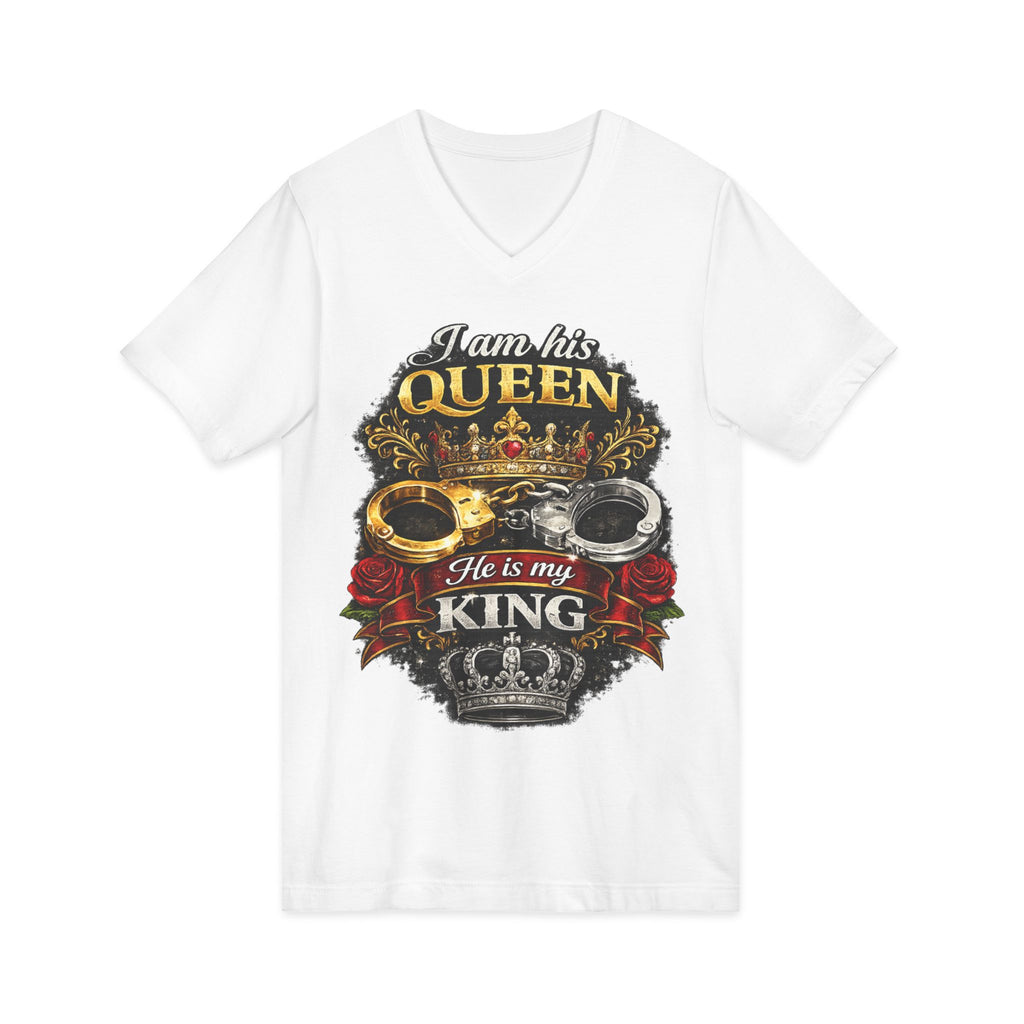 Queen & King Couples V-Neck Tee — "I Am His Queen, He Is My King" Floral Crown Design