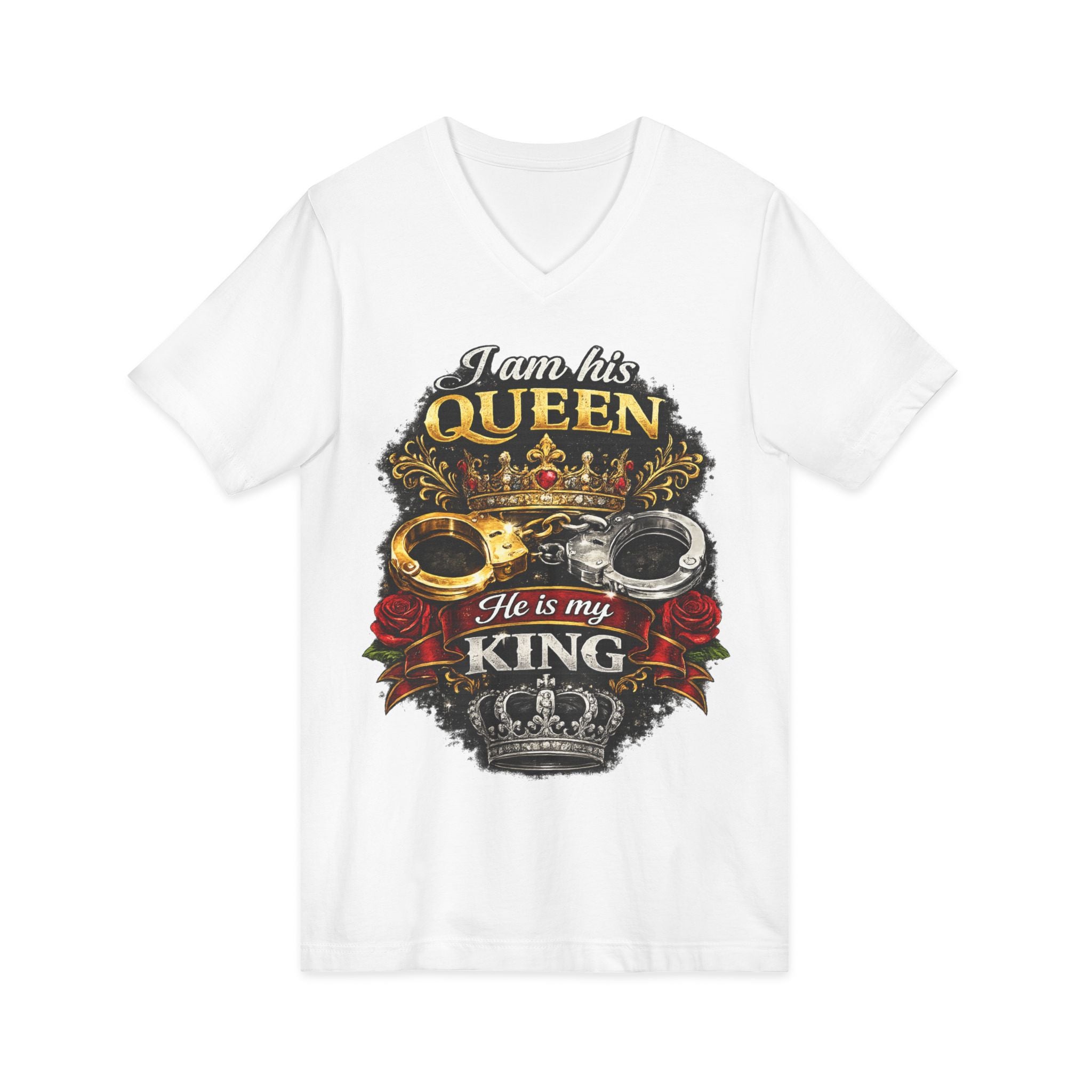 Queen & King Couples V-Neck Tee — "I Am His Queen, He Is My King" Floral Crown Design