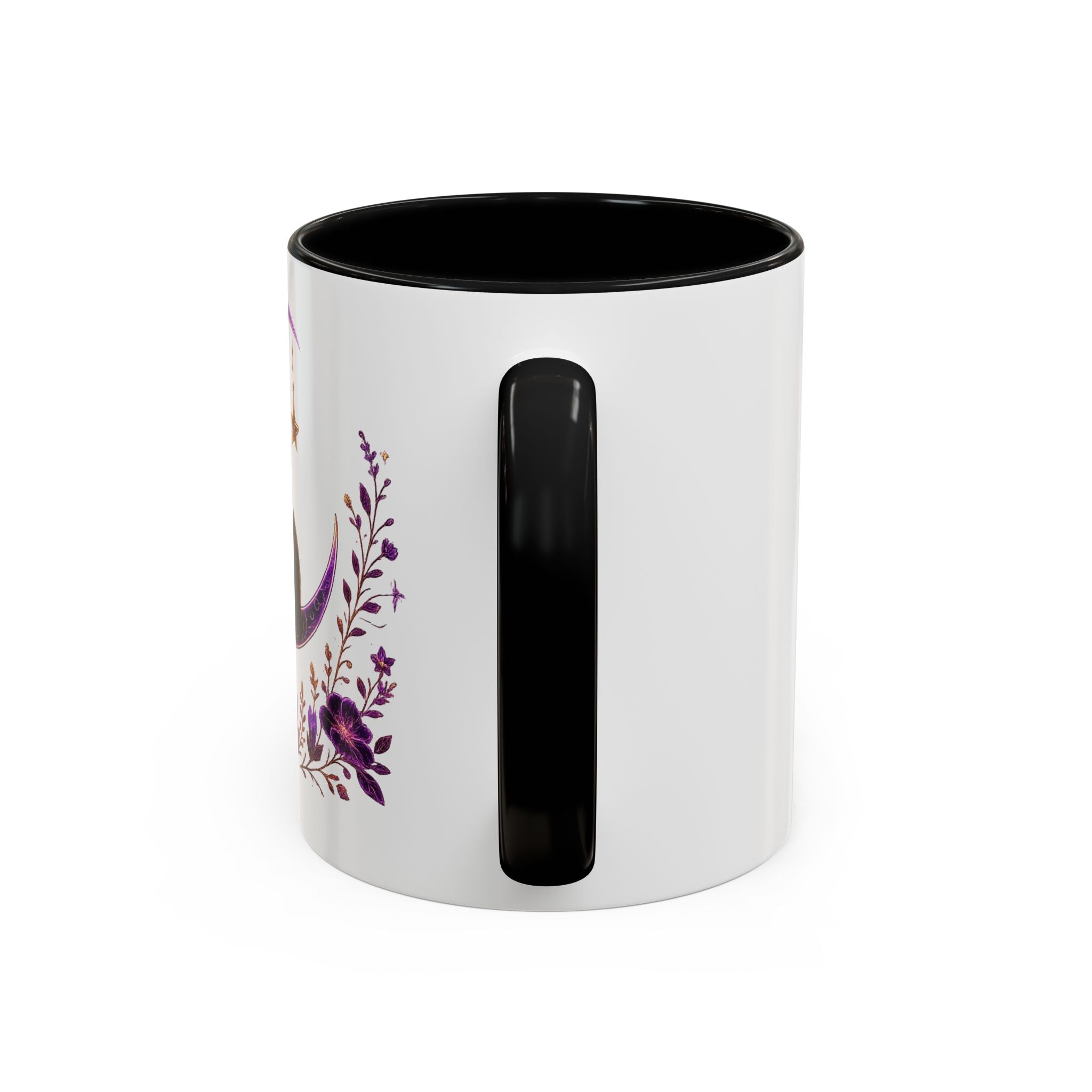 Mystic Black Cat Crescent Moon Accent Mug — Purple Floral Coffee Cup (11/15oz)