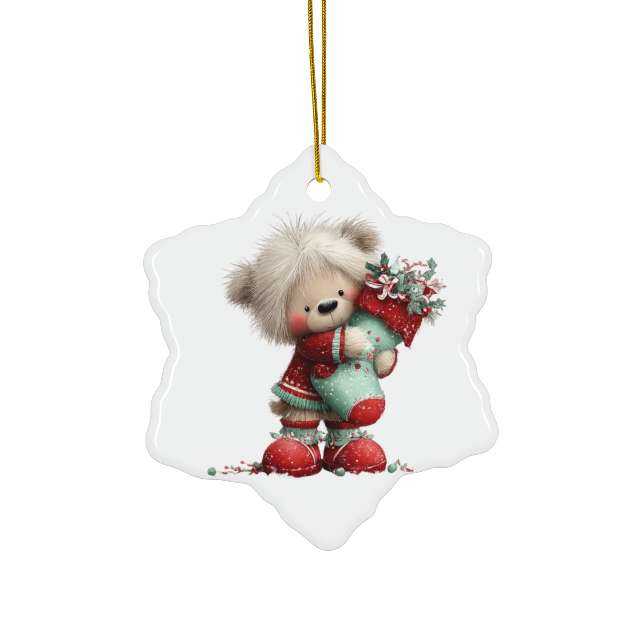 Cute Teddy Bear Christmas Ceramic Ornament — Holiday Tree Decoration