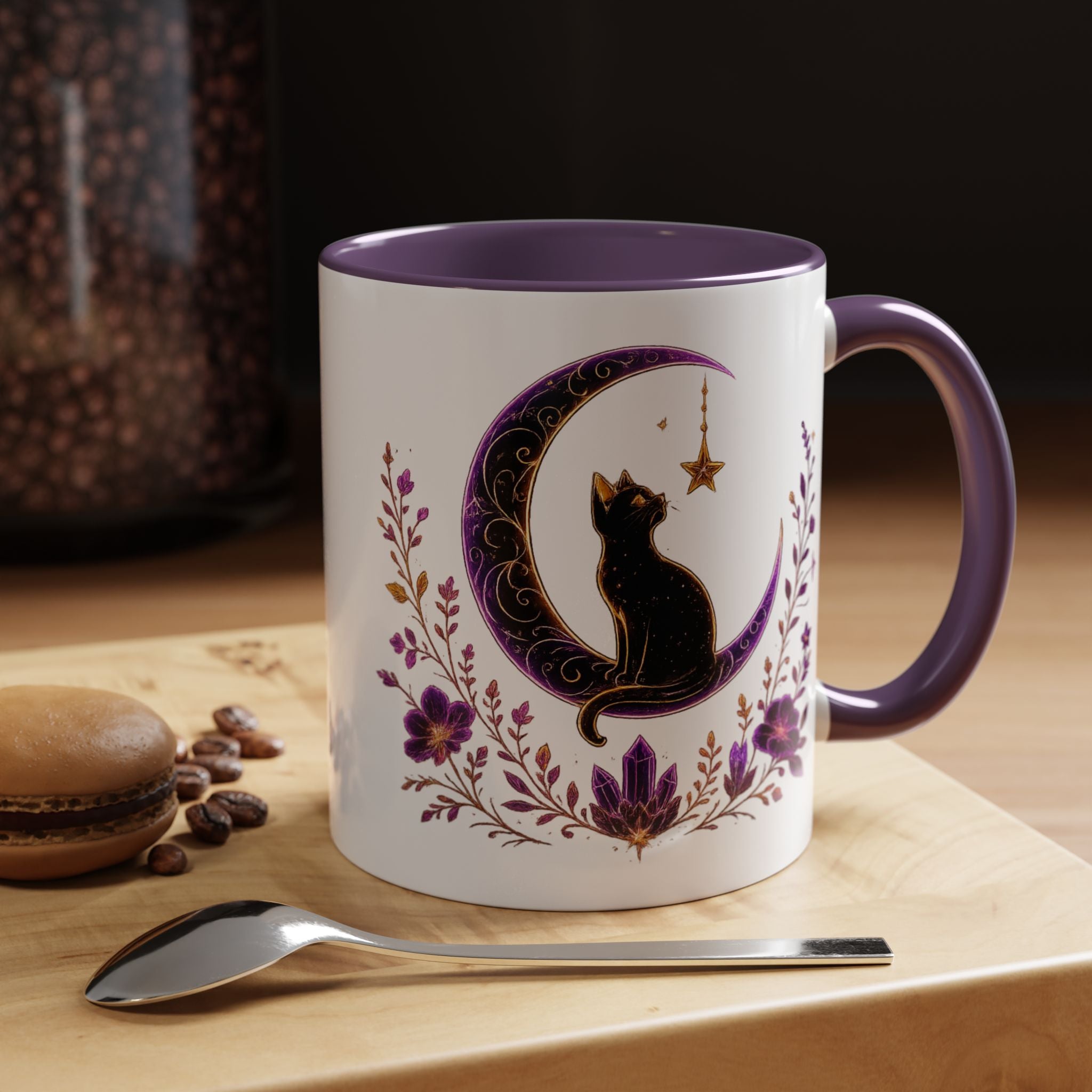 Mystic Black Cat Crescent Moon Accent Mug — Purple Floral Coffee Cup (11/15oz)