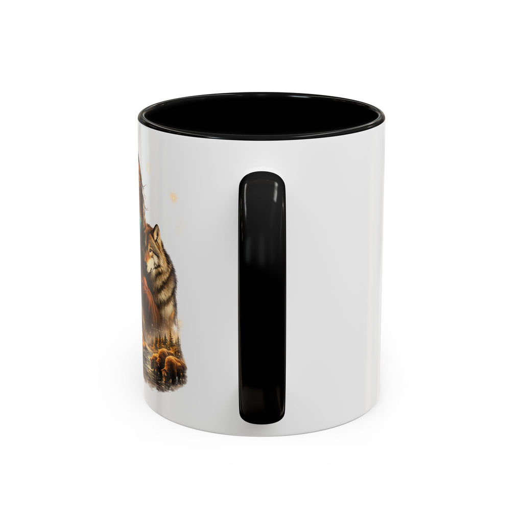 Native Spirit Accent Coffee Mug — Woman, Wolf & Teepee Scenic Artwork (11/15oz)