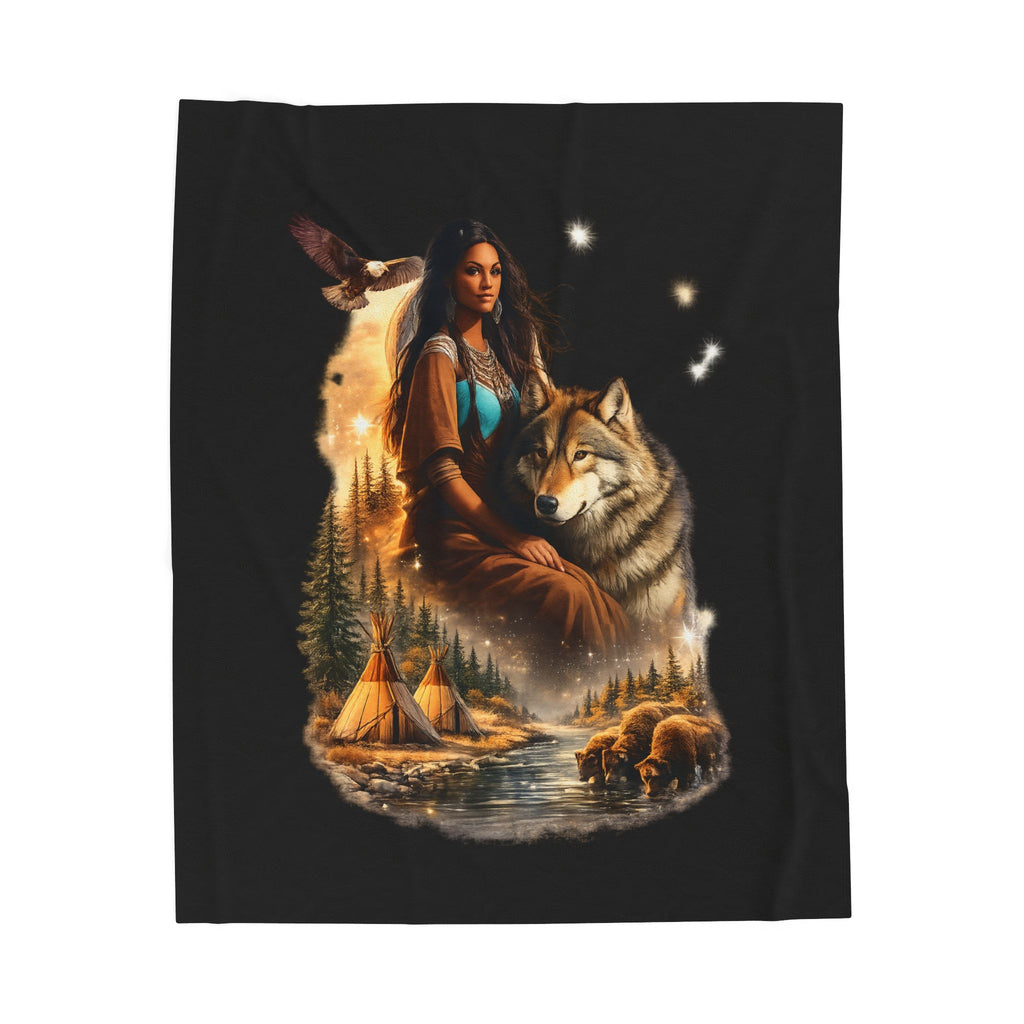 Native Spirit Velveteen Plush Blanket — Woman with Wolf & Campfire Scenic Throw