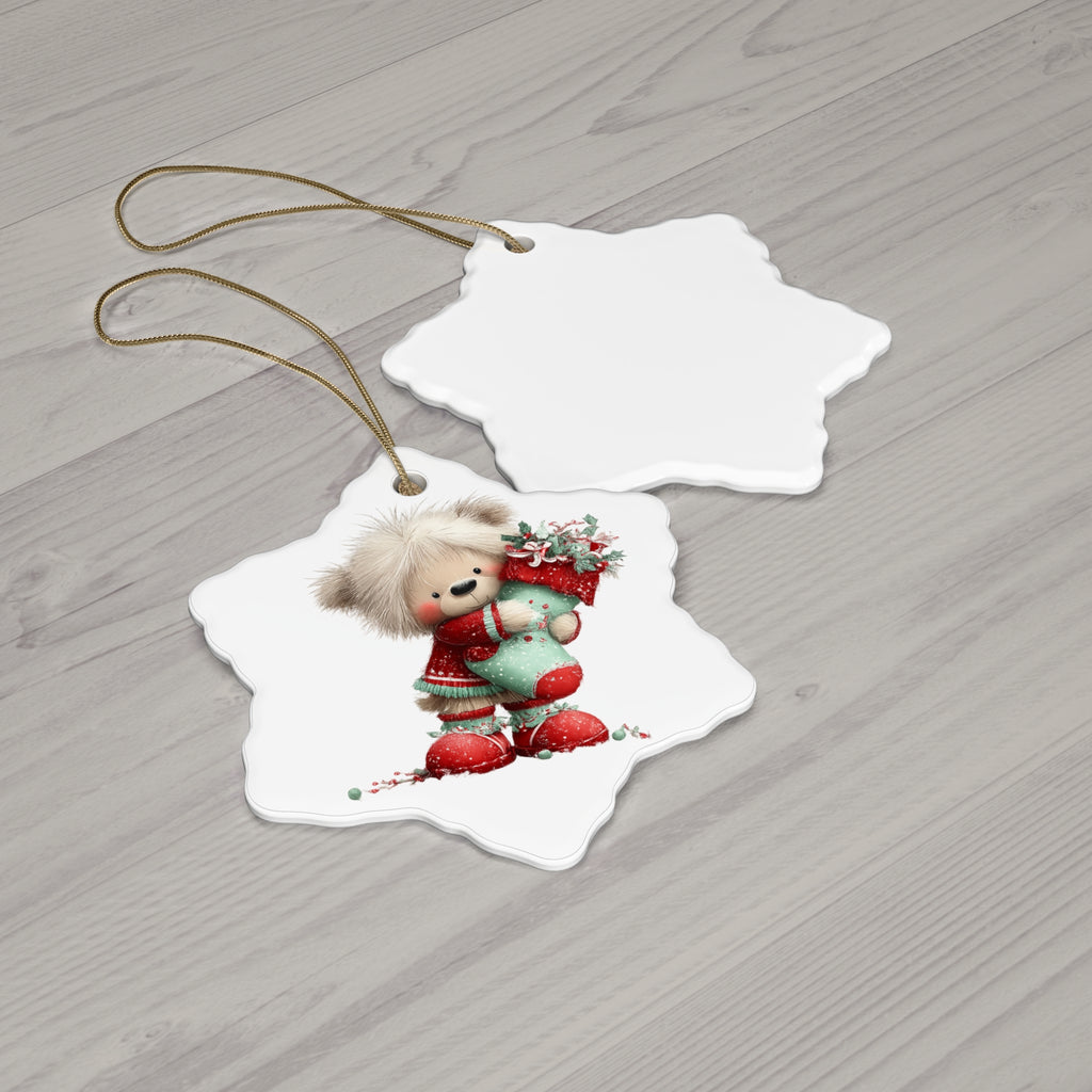 Cute Teddy Bear Christmas Ceramic Ornament — Holiday Tree Decoration