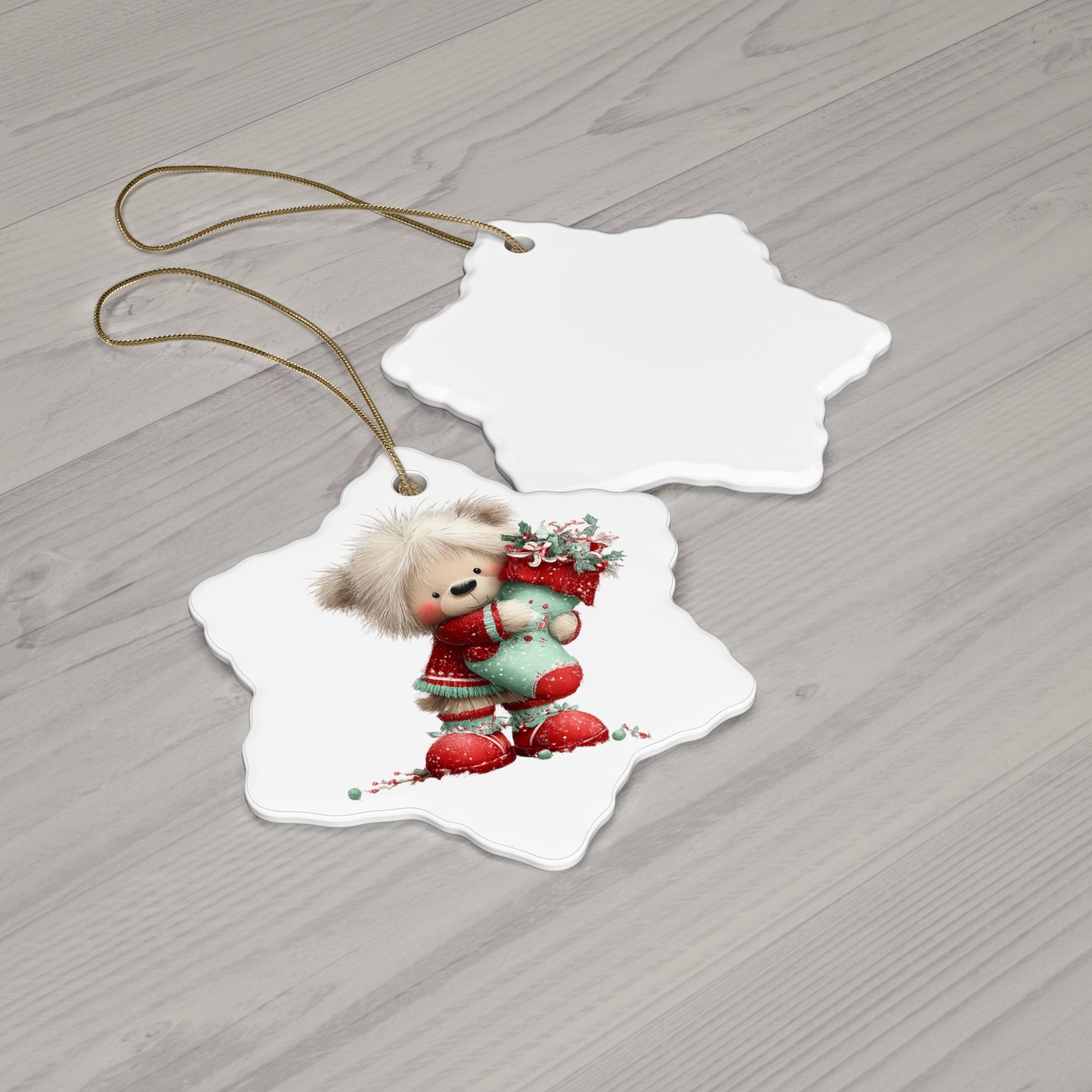 Cute Teddy Bear Christmas Ceramic Ornament — Holiday Tree Decoration
