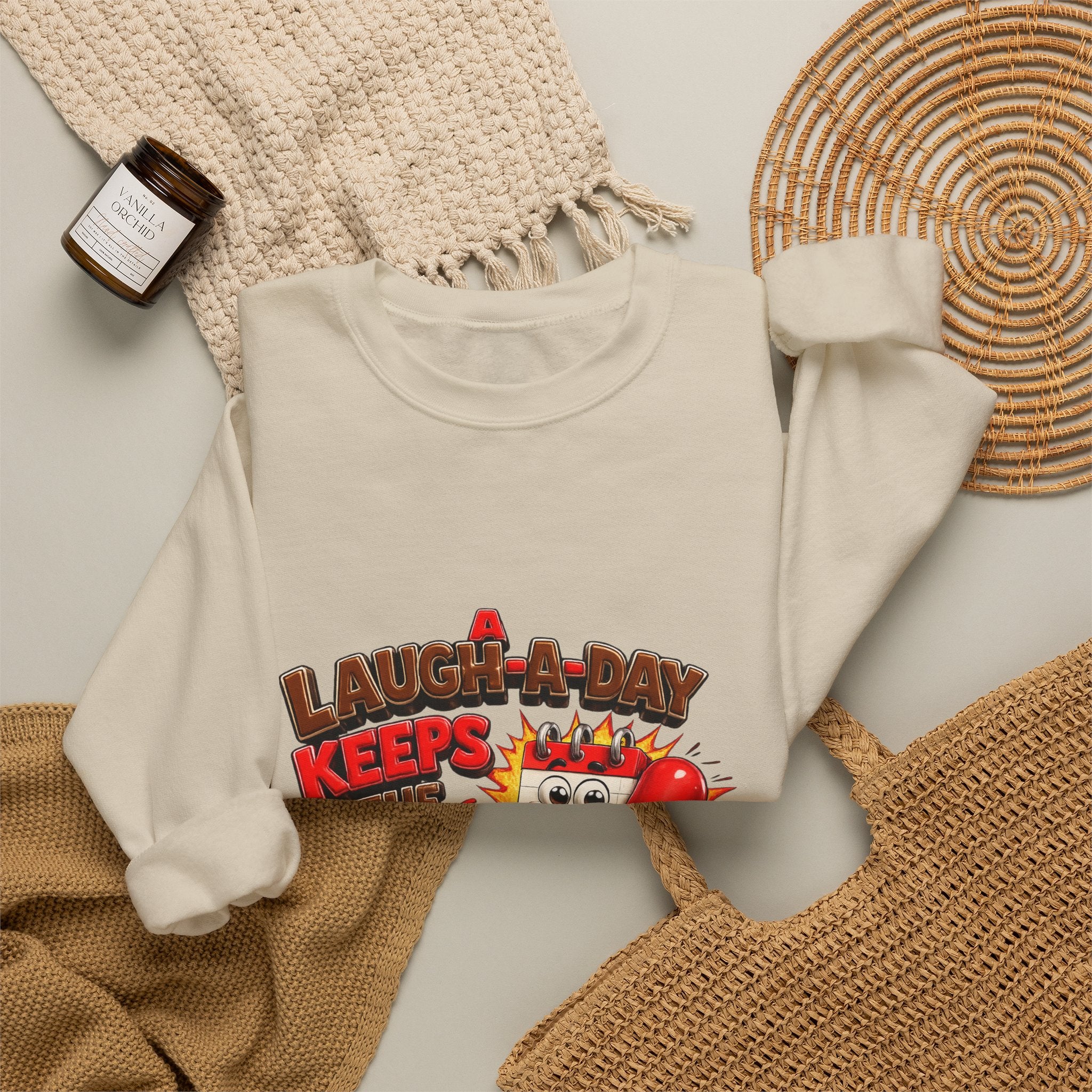 Crewneck Sweatshirt — "A Laugh a Day Keeps the Sad Away" Retro Cartoon Graphic