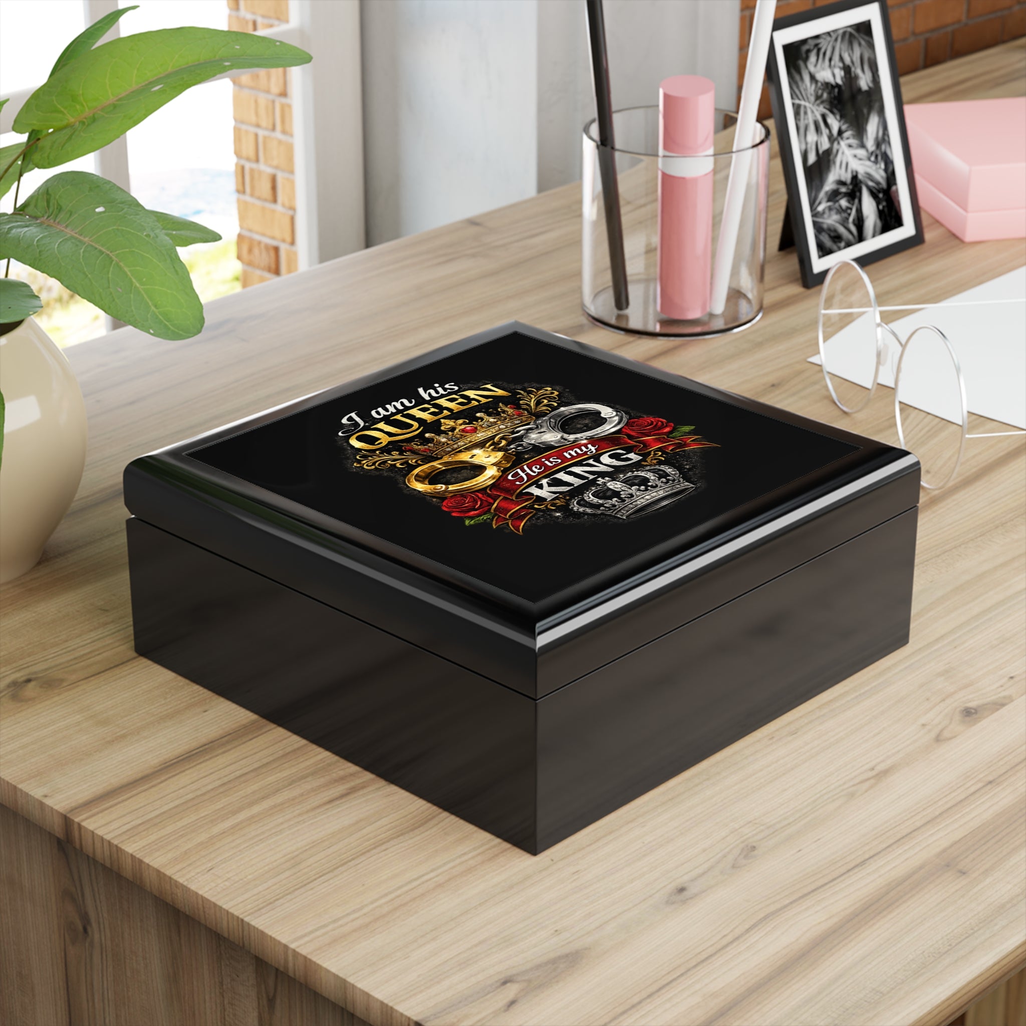 Jewelry Box - "I Am His Queen, He Is My King" Crown & Handcuffs Keepsake Box