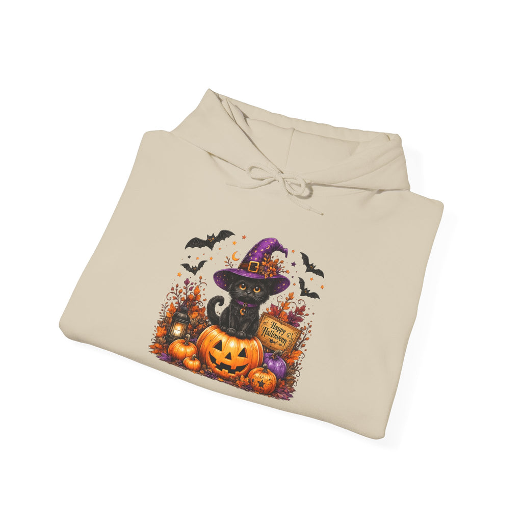 Halloween Cat & Jack-O’-Lantern Hoodie — Witch Hat Black Cat Pumpkin Design