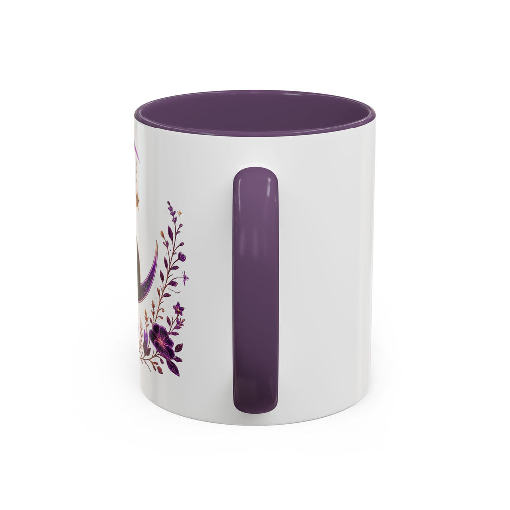 Mystic Black Cat Crescent Moon Accent Mug — Purple Floral Coffee Cup (11/15oz)