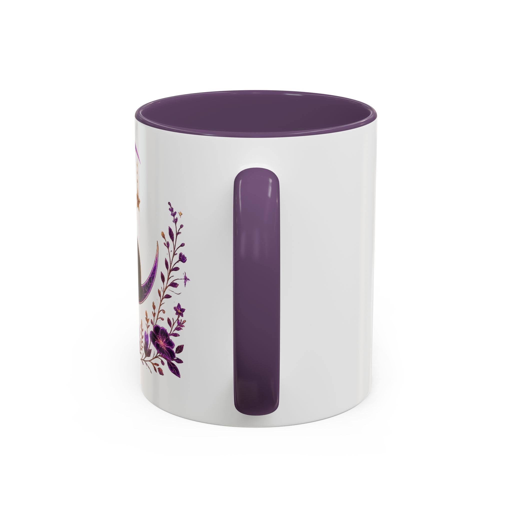 Mystic Black Cat Crescent Moon Accent Mug — Purple Floral Coffee Cup (11/15oz)
