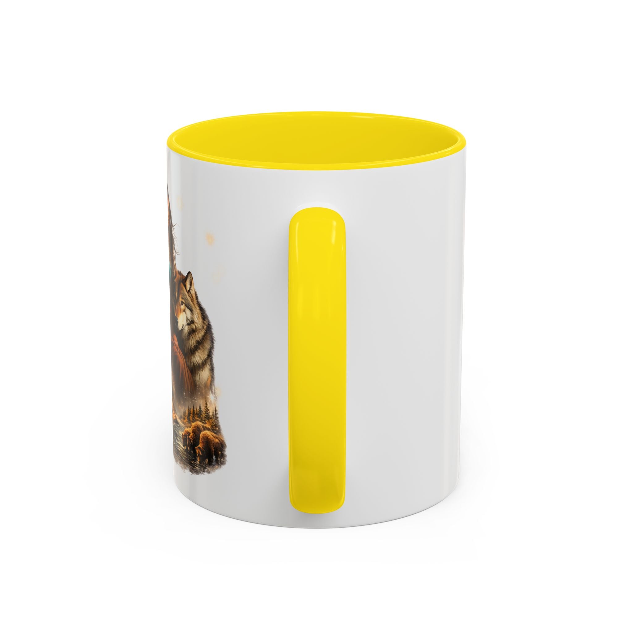 Native Spirit Accent Coffee Mug — Woman, Wolf & Teepee Scenic Artwork (11/15oz)