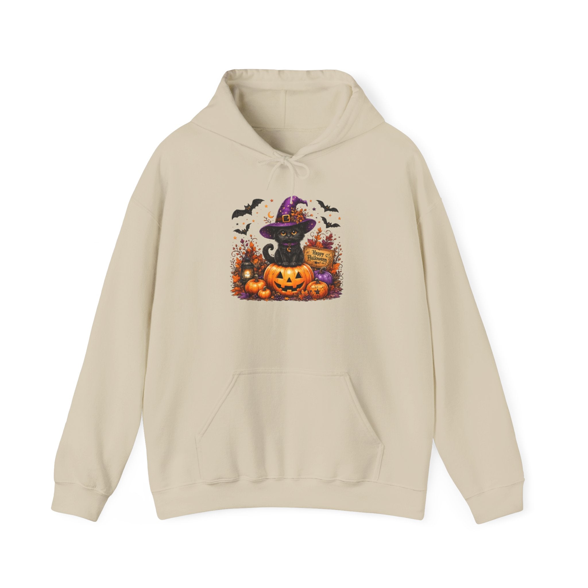 Halloween Cat & Jack-O’-Lantern Hoodie — Witch Hat Black Cat Pumpkin Design