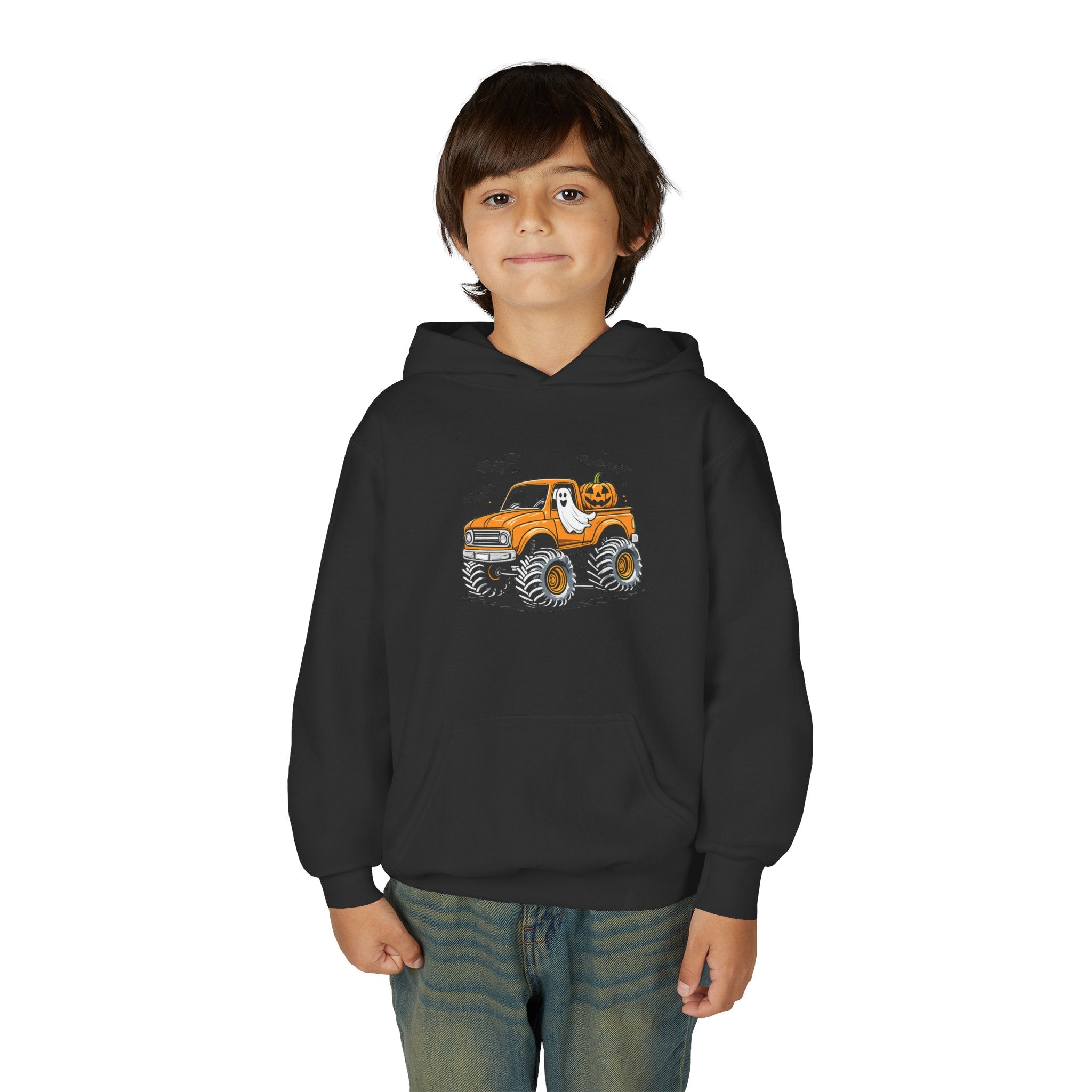 Youth Hoodie – Halloween Monster Truck Kids Pullover (Orange Truck with Bats)