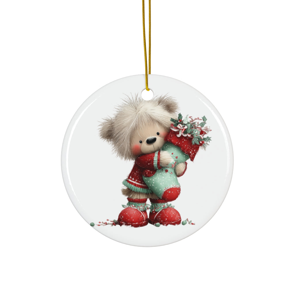 Cute Teddy Bear Christmas Ceramic Ornament — Holiday Tree Decoration
