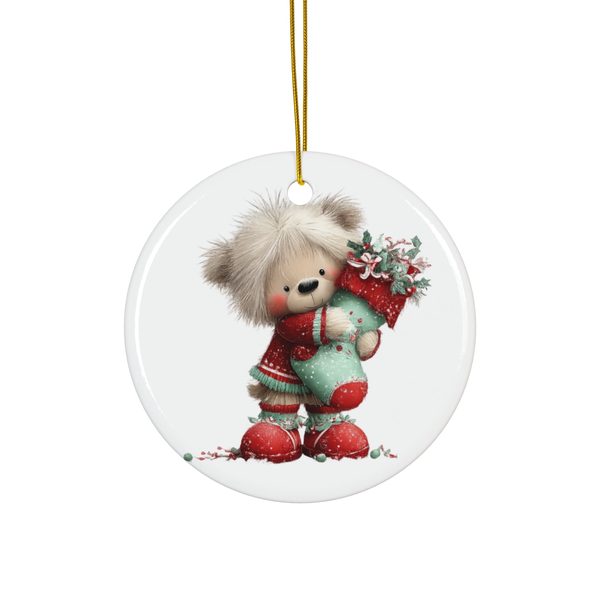 Cute Teddy Bear Christmas Ceramic Ornament — Holiday Tree Decoration