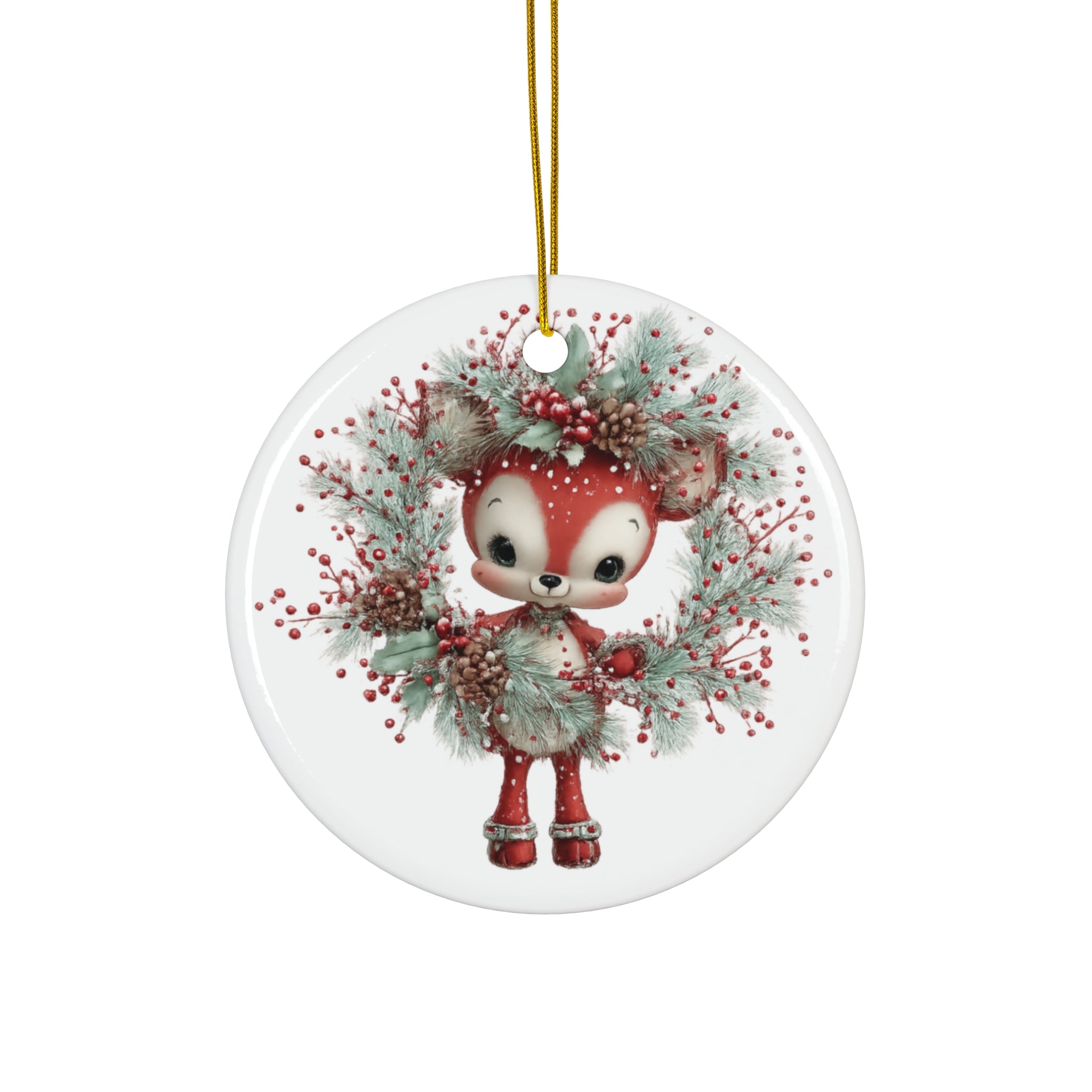Cute Red Fox Wreath Ceramic Ornament — Holiday Christmas Tree Decoration