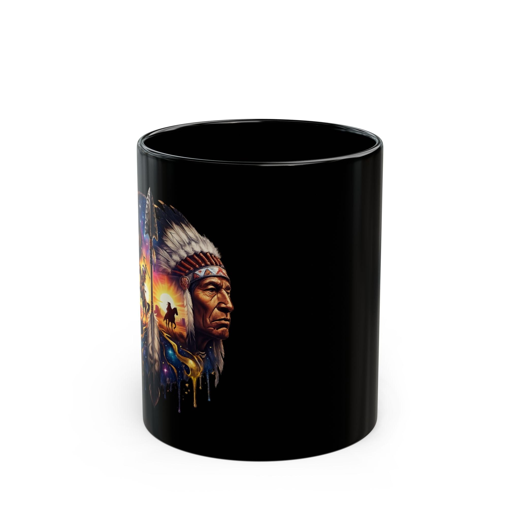 Native American Chief Art Black Coffee Mug – Tribal Landscape Graphic (11oz, 15oz)