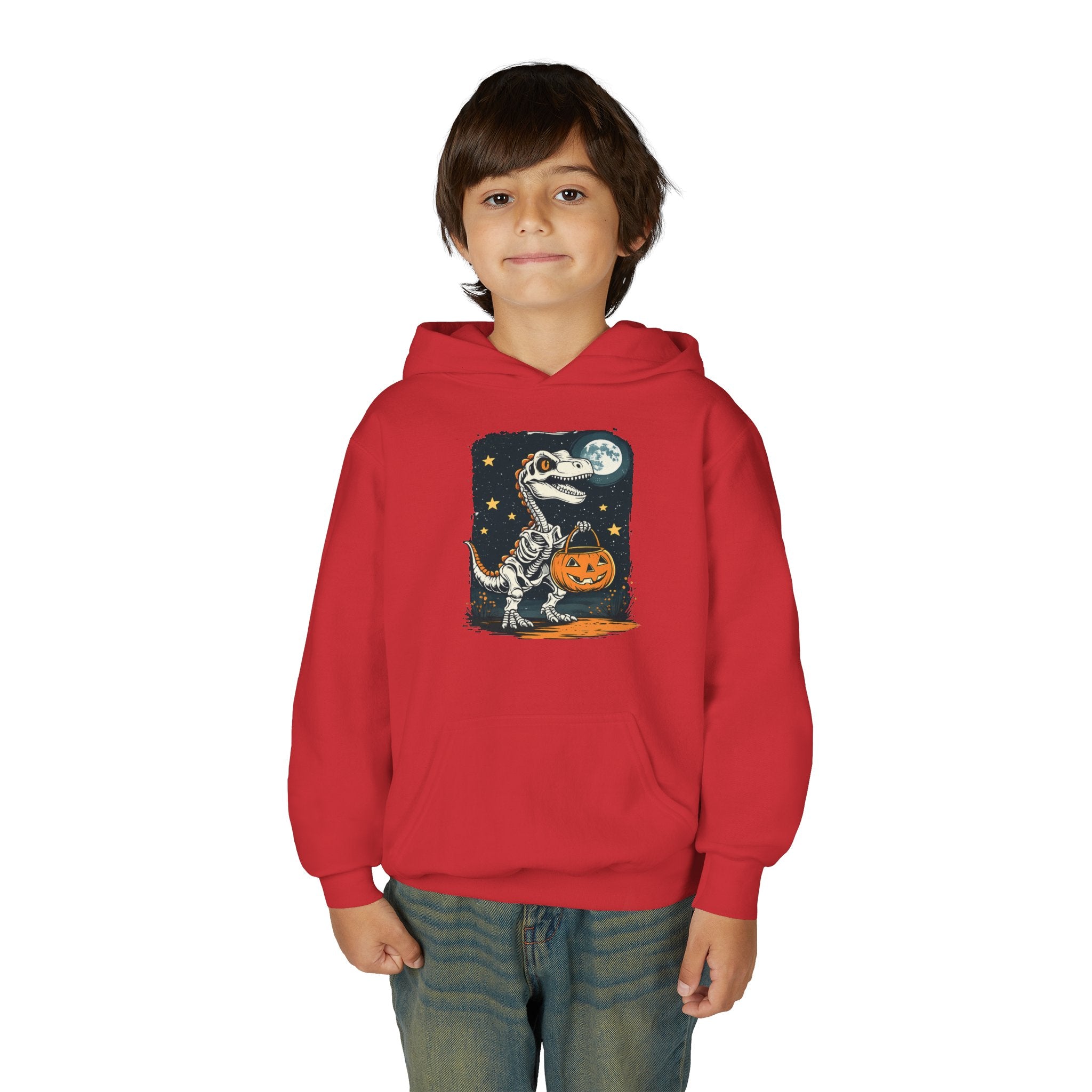 Youth Halloween Dino Hoodie — T-Rex with Jack-O'-Lantern & Moon