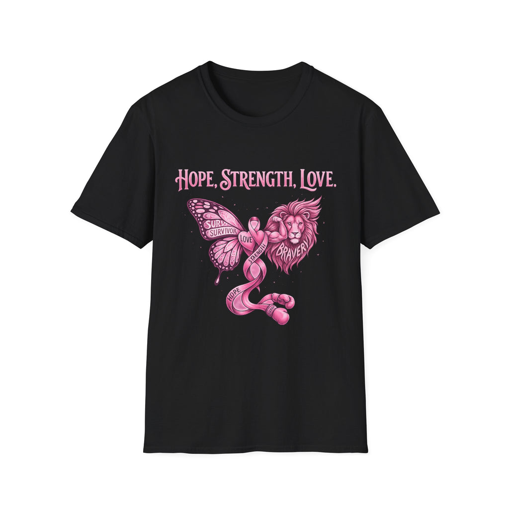 Hope, Strength, Love Breast Cancer Awareness T-Shirt — Pink Ribbon Survivor Lion Butterfly