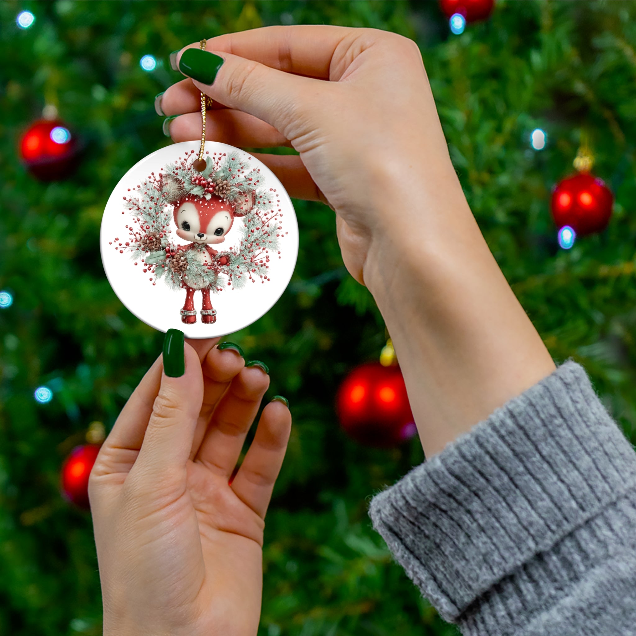 Cute Red Fox Wreath Ceramic Ornament — Holiday Christmas Tree Decoration