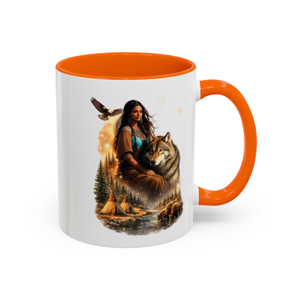 Native Spirit Accent Coffee Mug — Woman, Wolf & Teepee Scenic Artwork (11/15oz)