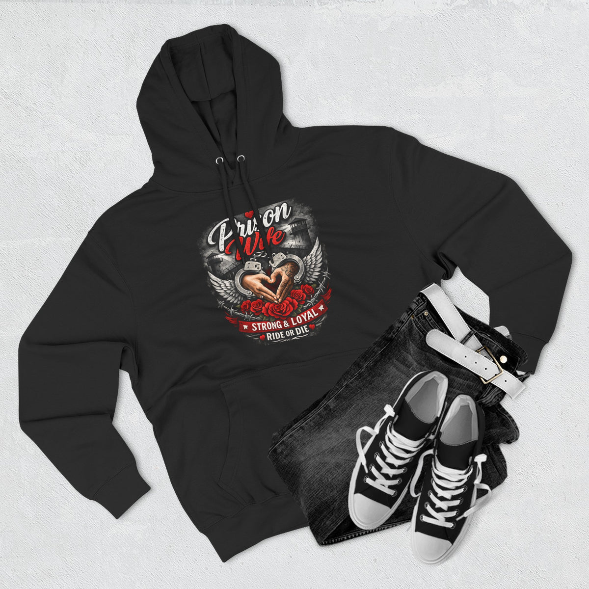 Prison Wife Hoodie — Strong & Loyal Pullover with Heart and Wings Design