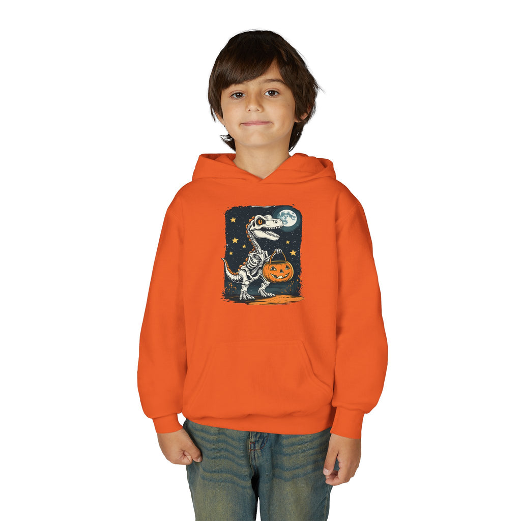 Youth Halloween Dino Hoodie — T-Rex with Jack-O'-Lantern & Moon
