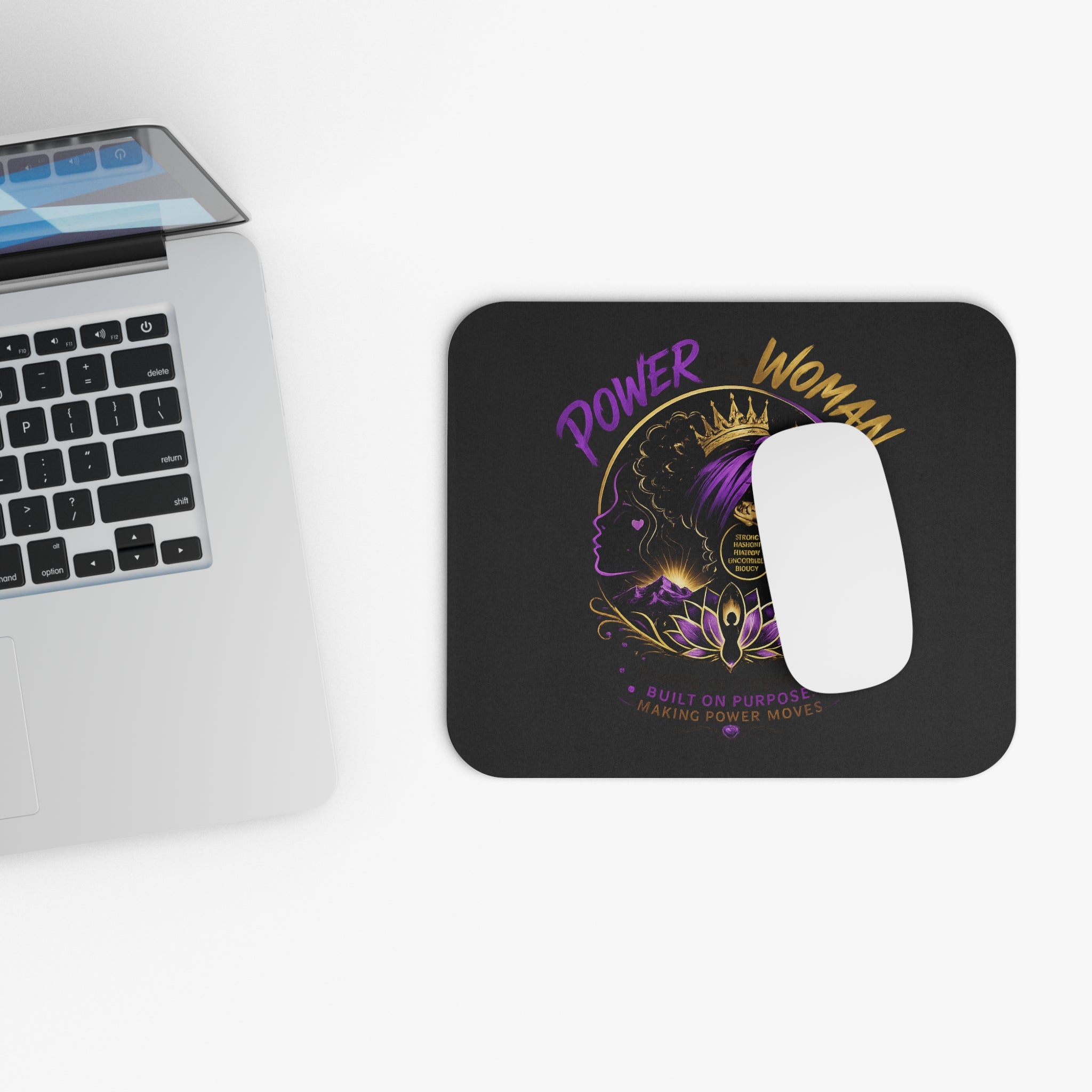 Power of a Woman Rectangle Mouse Pad — Empowerment Desk Mat with Crown & Lotus Design