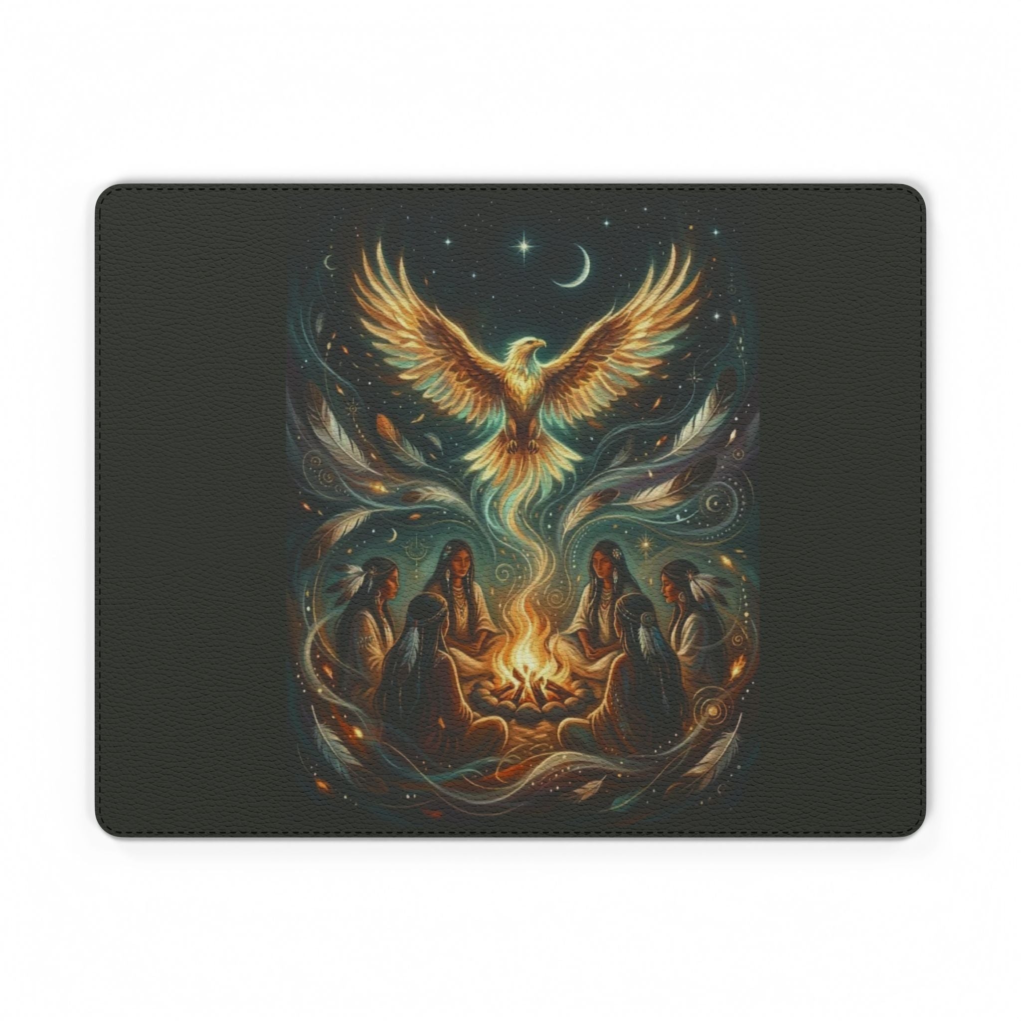 Phoenix Rising PU Leather Mouse Mat — Mystical Campfire Spirit Art