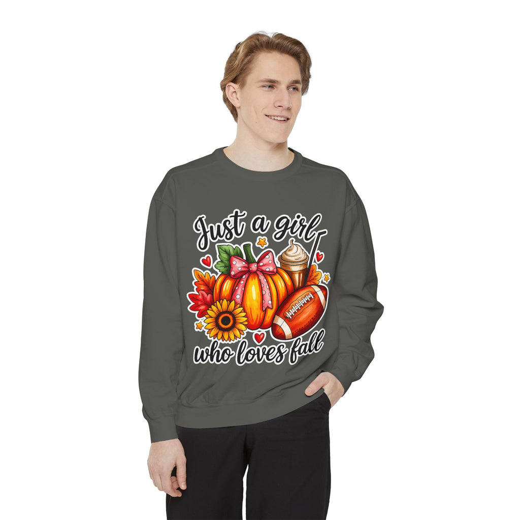 Fall Graphic Sweatshirt — "Just a girl who loves fall" Cozy Autumn Pullover