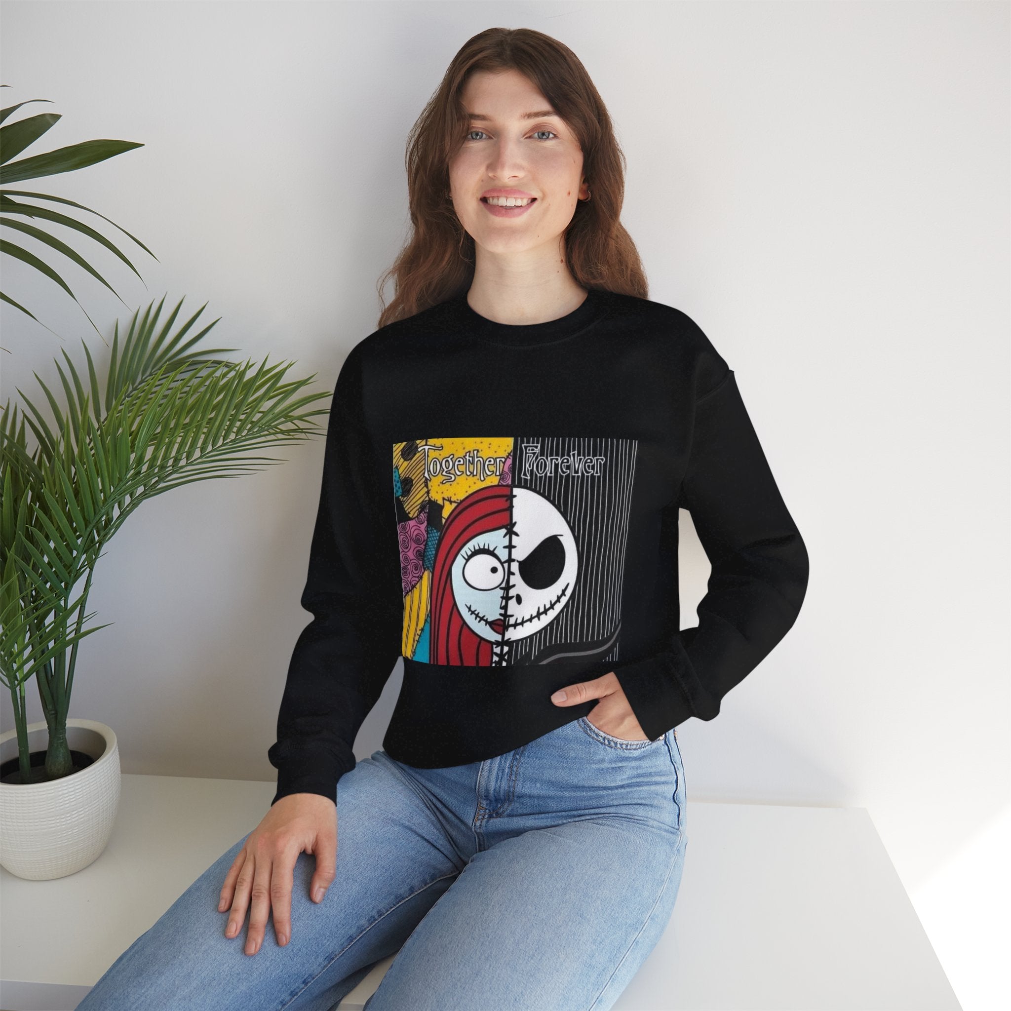 Nightmare Couples Crewneck Sweatshirt — 'Together Forever' Half-Skull Jack & Sally Graphic