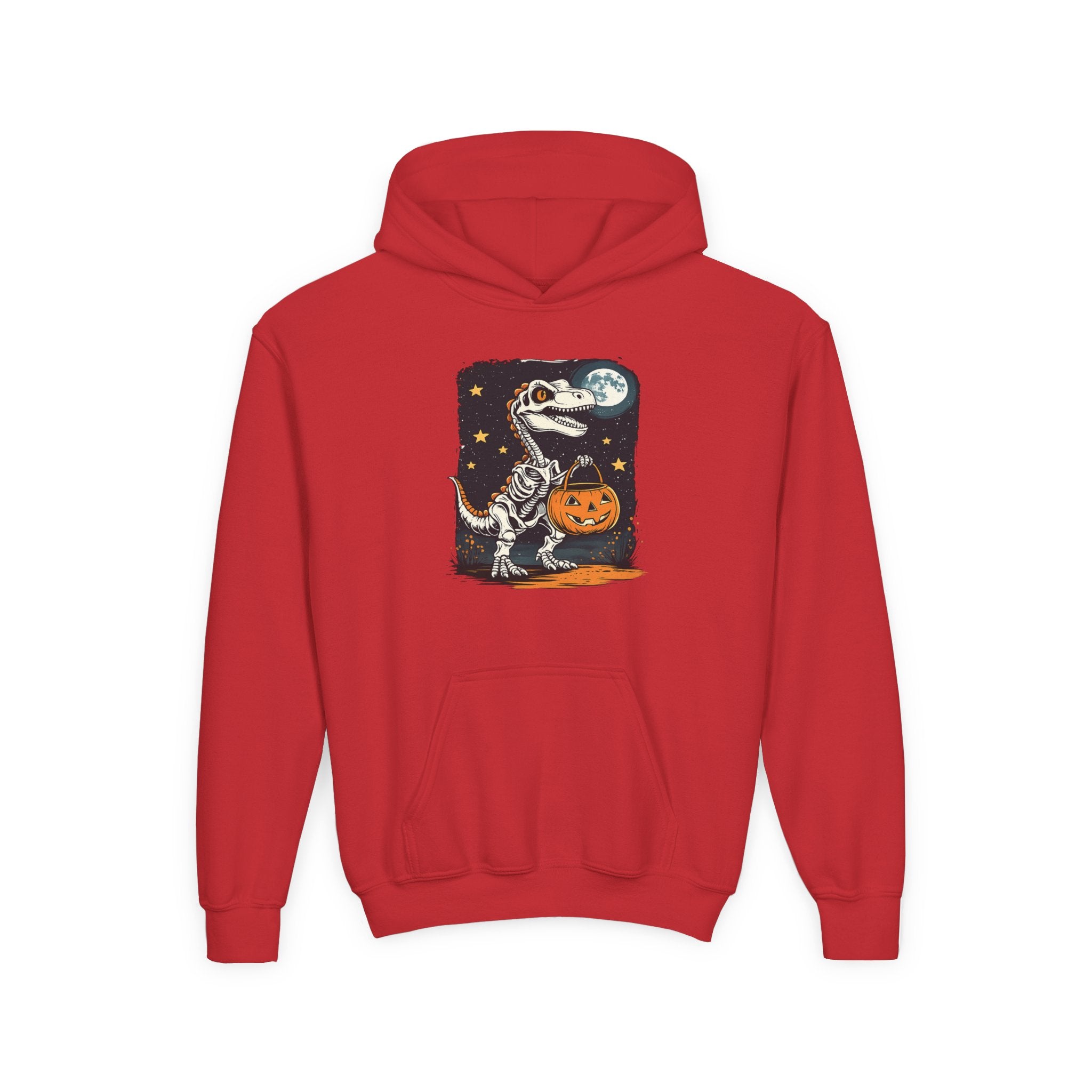 Youth Halloween Dino Hoodie — T-Rex with Jack-O'-Lantern & Moon
