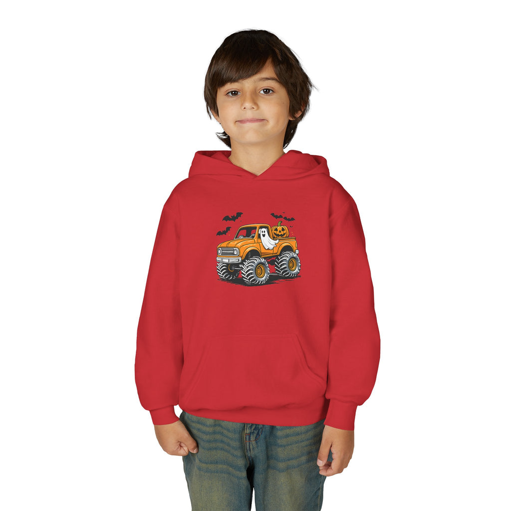 Youth Hoodie – Halloween Monster Truck Kids Pullover (Orange Truck with Bats)