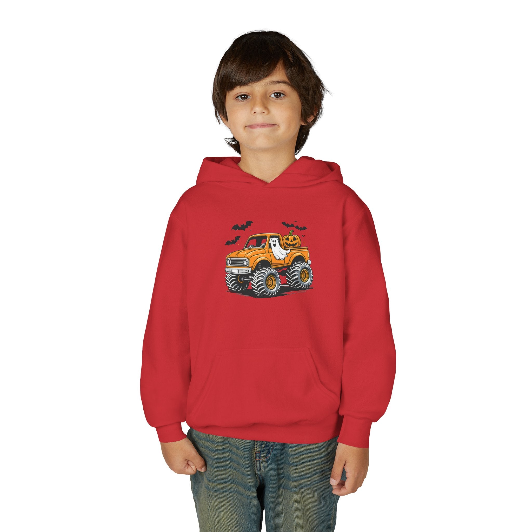 Youth Hoodie – Halloween Monster Truck Kids Pullover (Orange Truck with Bats)