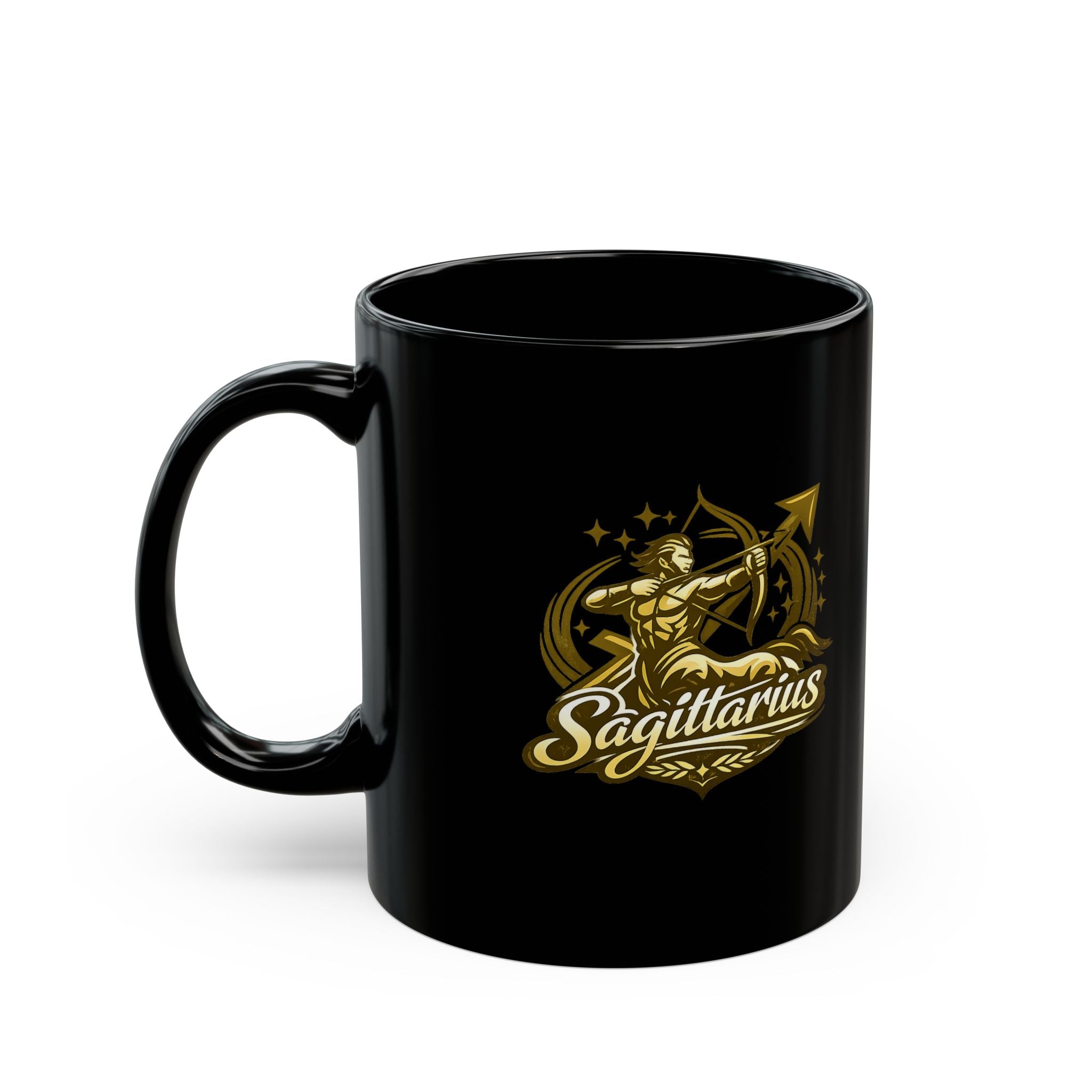 Sagittarius Gold Zodiac Black Coffee Mug — Astrological Birthday Gift (11oz/15oz)