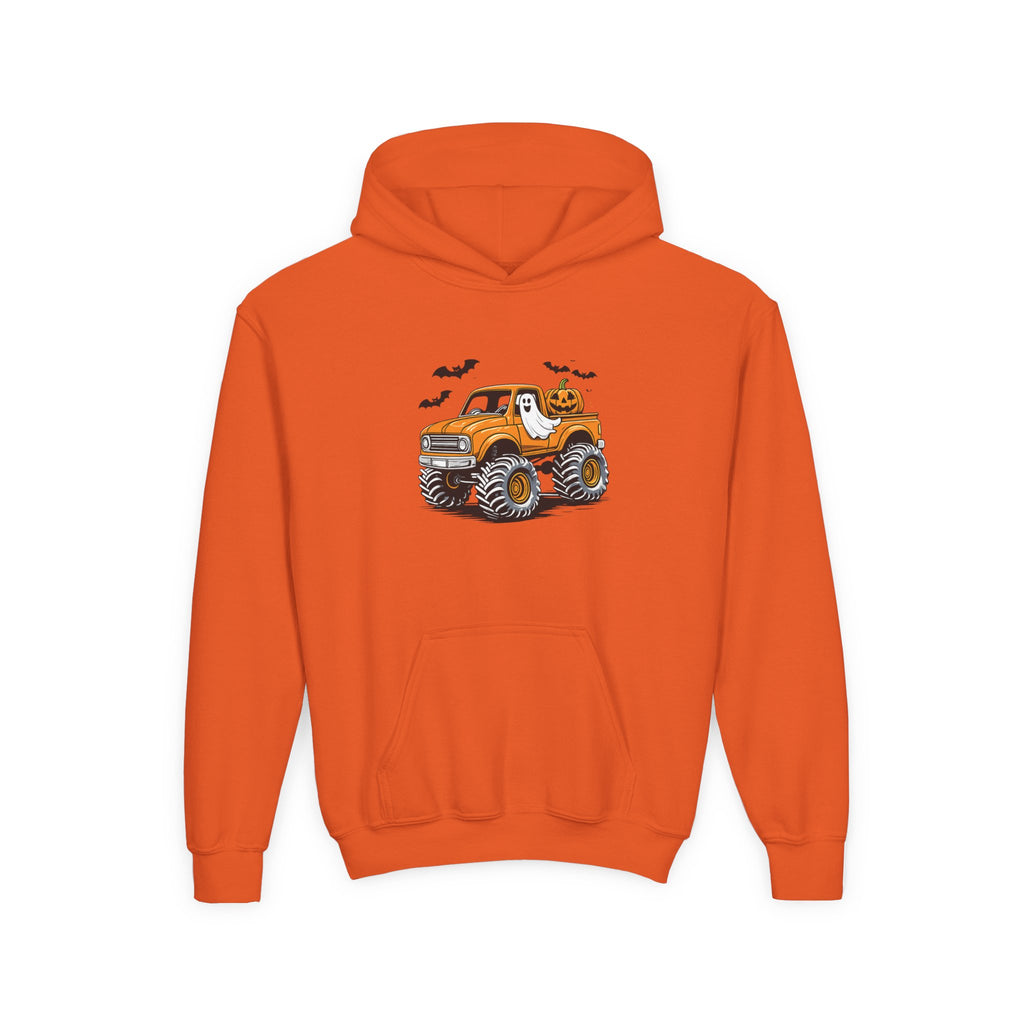 Youth Hoodie – Halloween Monster Truck Kids Pullover (Orange Truck with Bats)