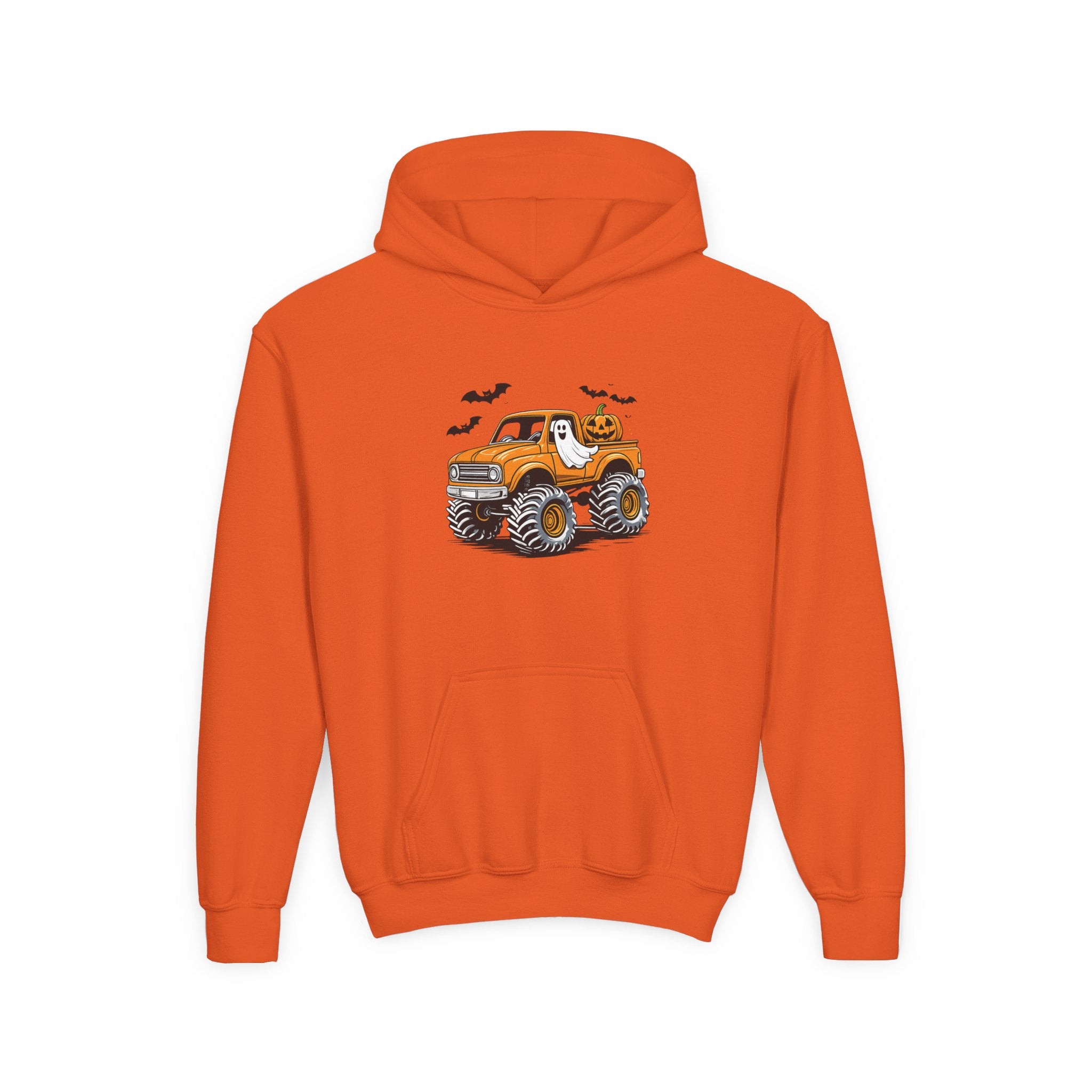 Youth Hoodie – Halloween Monster Truck Kids Pullover (Orange Truck with Bats)