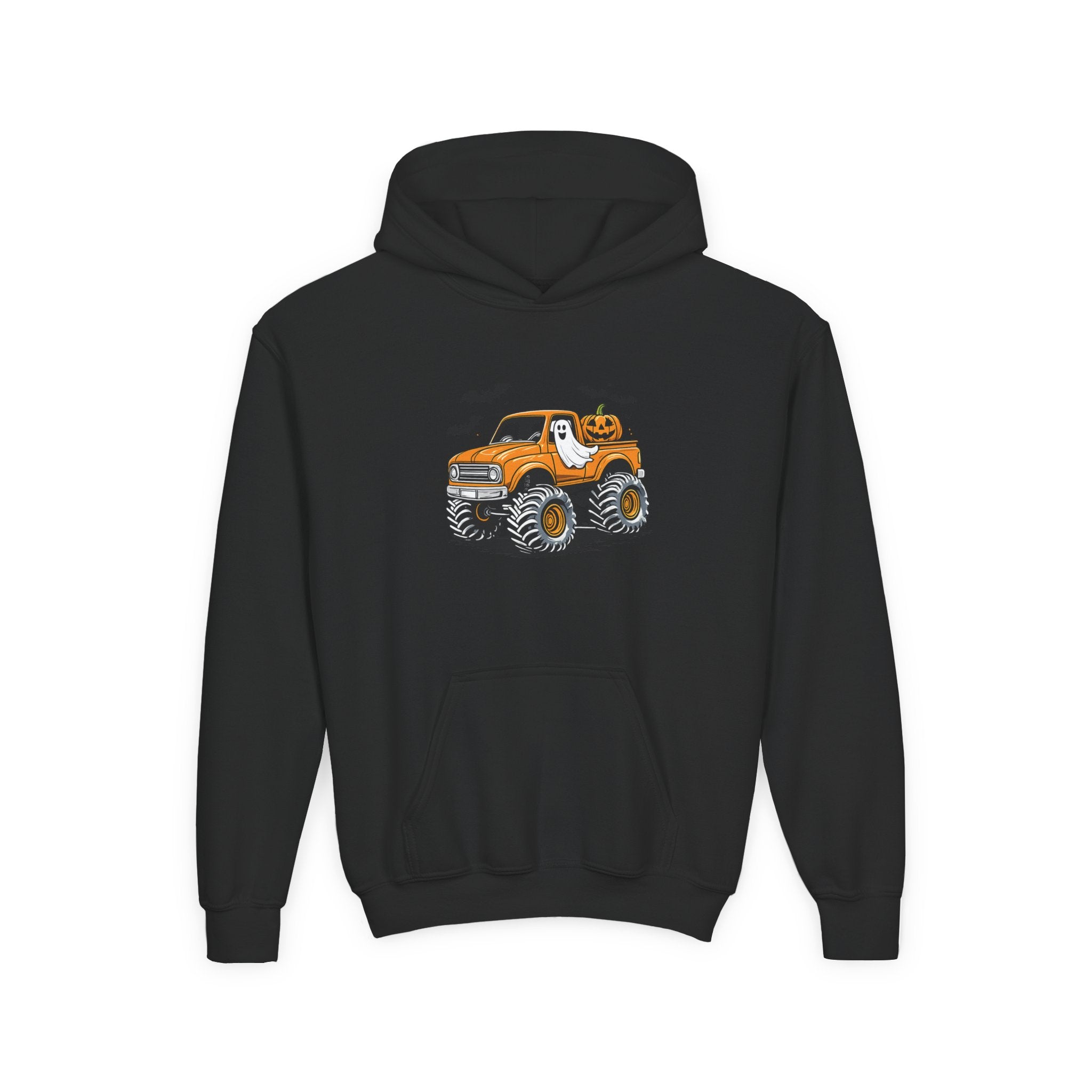 Youth Hoodie – Halloween Monster Truck Kids Pullover (Orange Truck with Bats)