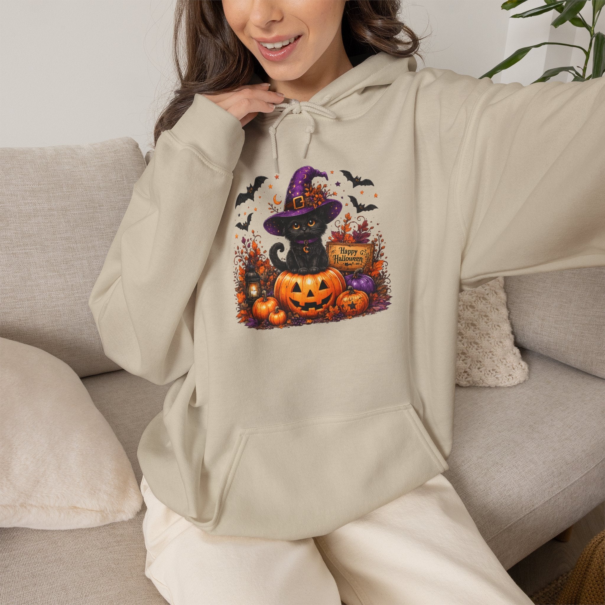 Halloween Cat & Jack-O’-Lantern Hoodie — Witch Hat Black Cat Pumpkin Design