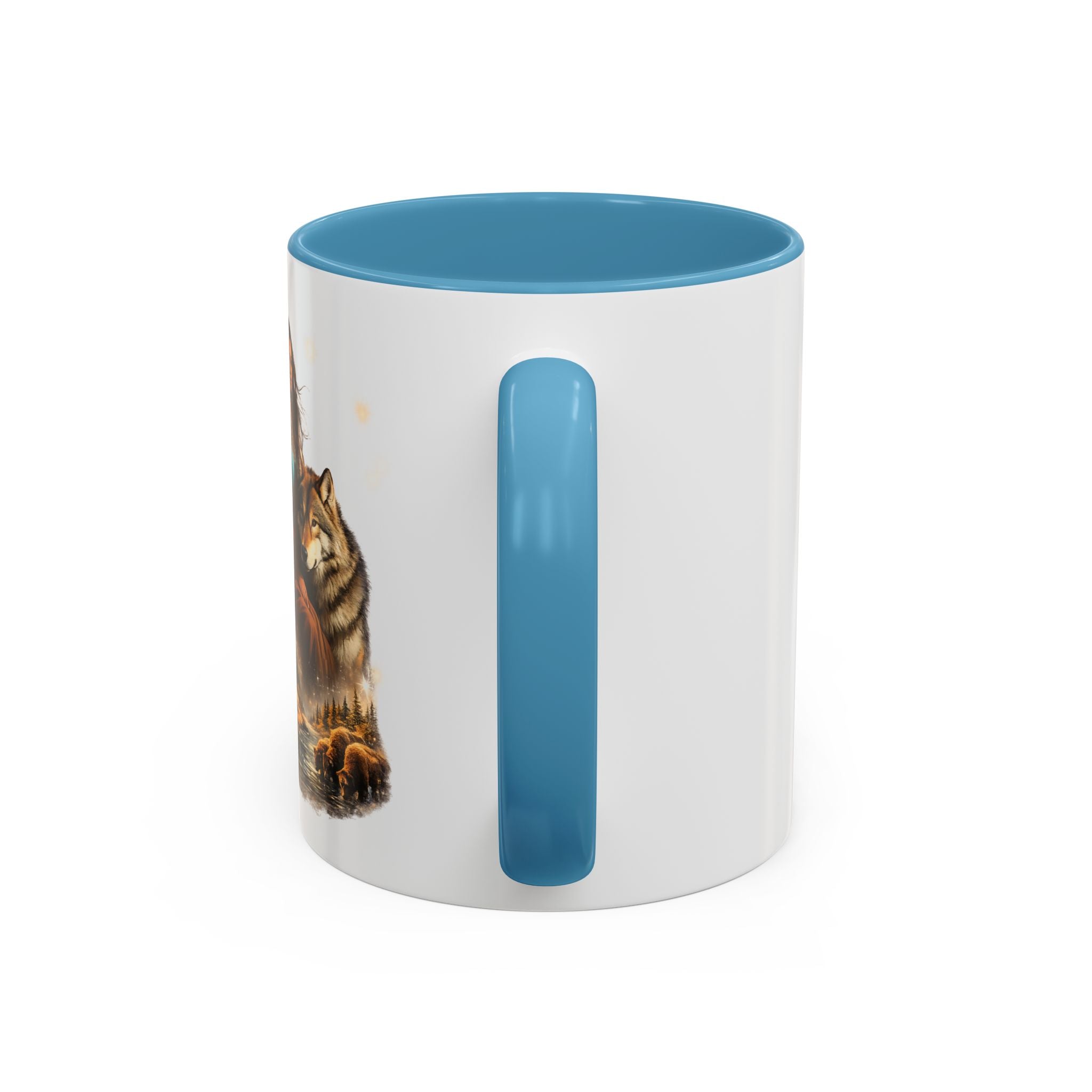 Native Spirit Accent Coffee Mug — Woman, Wolf & Teepee Scenic Artwork (11/15oz)